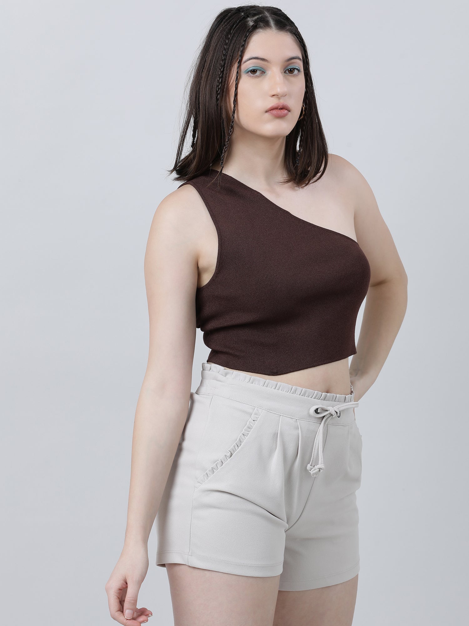 Women Slim Fit Brown One Shoulder Crop Top