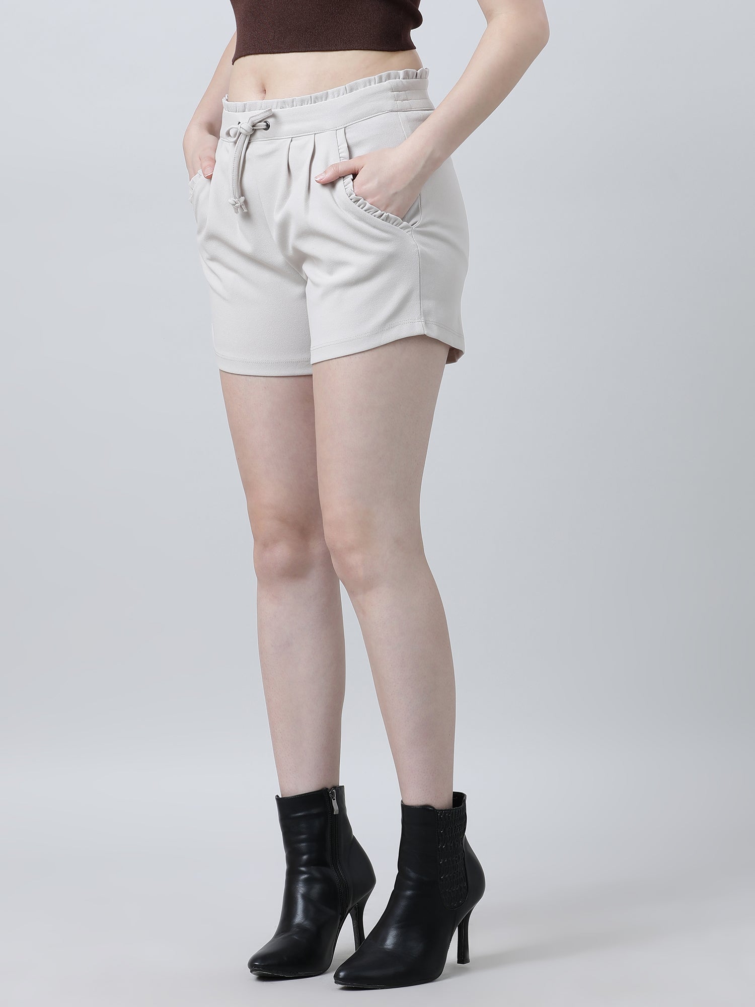 Women Slim Fit Beige Pleated Shorts With Insert Pockets