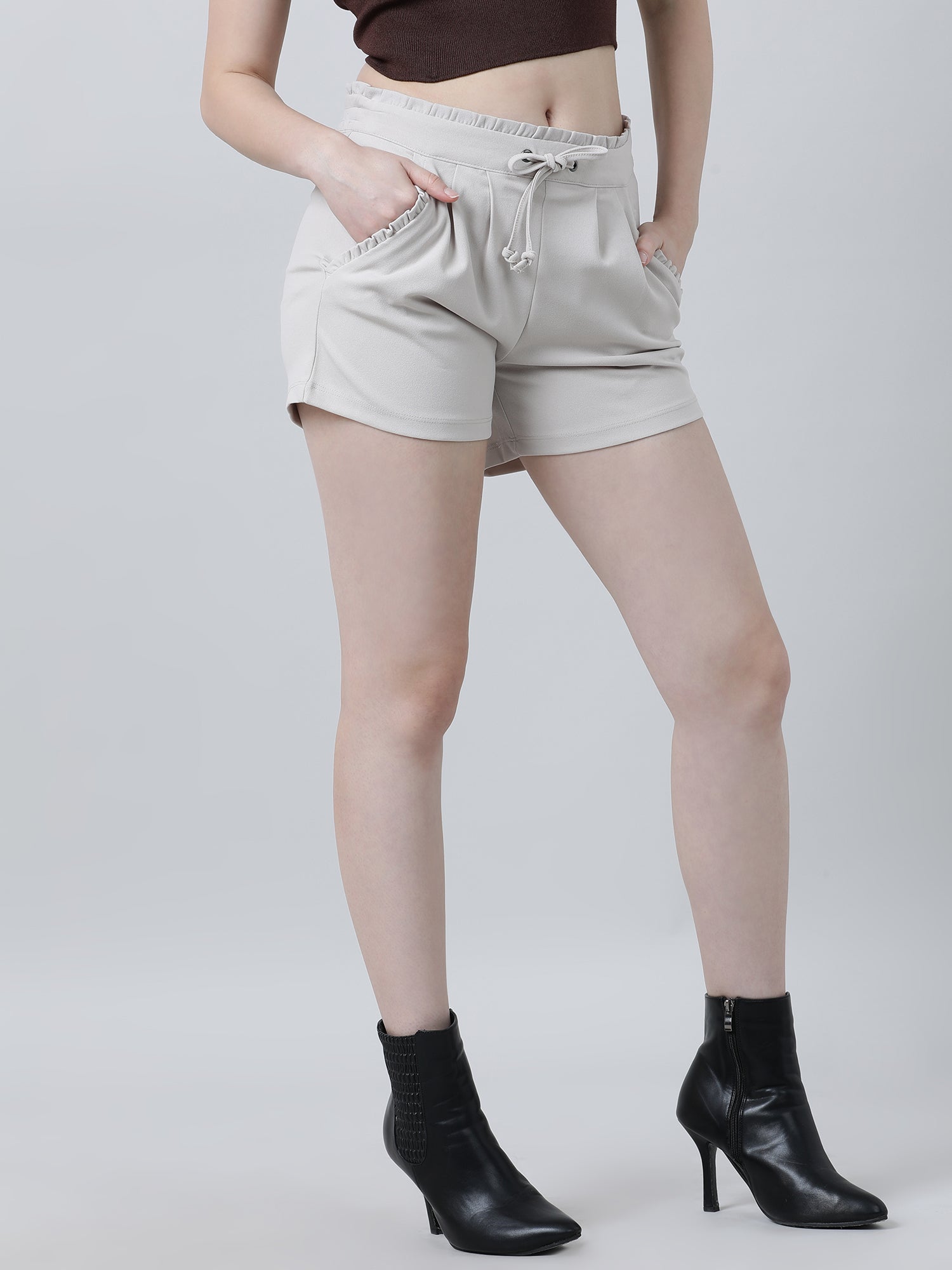 Women Slim Fit Beige Pleated Shorts With Insert Pockets