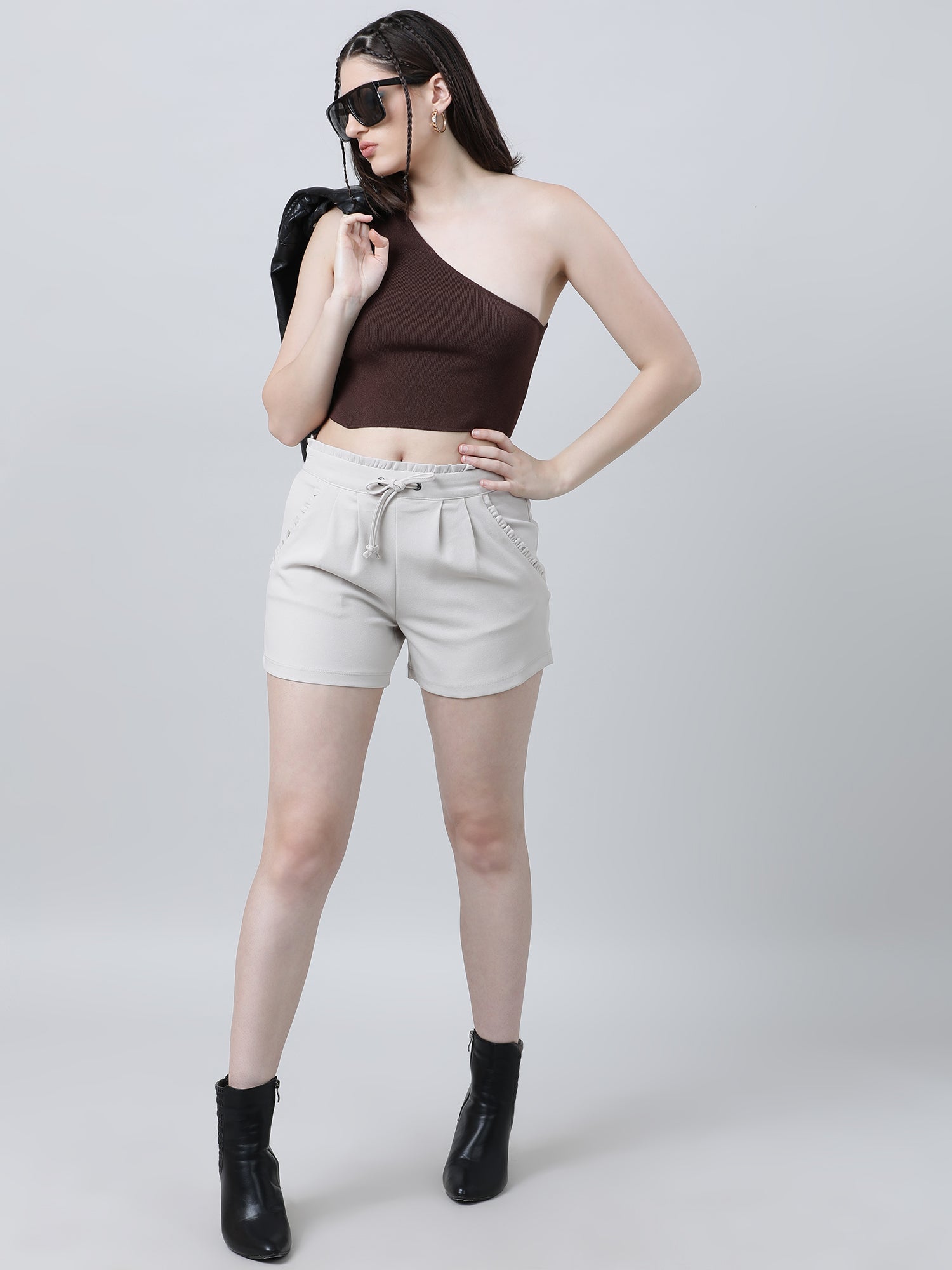 Women Slim Fit Brown One Shoulder Crop Top