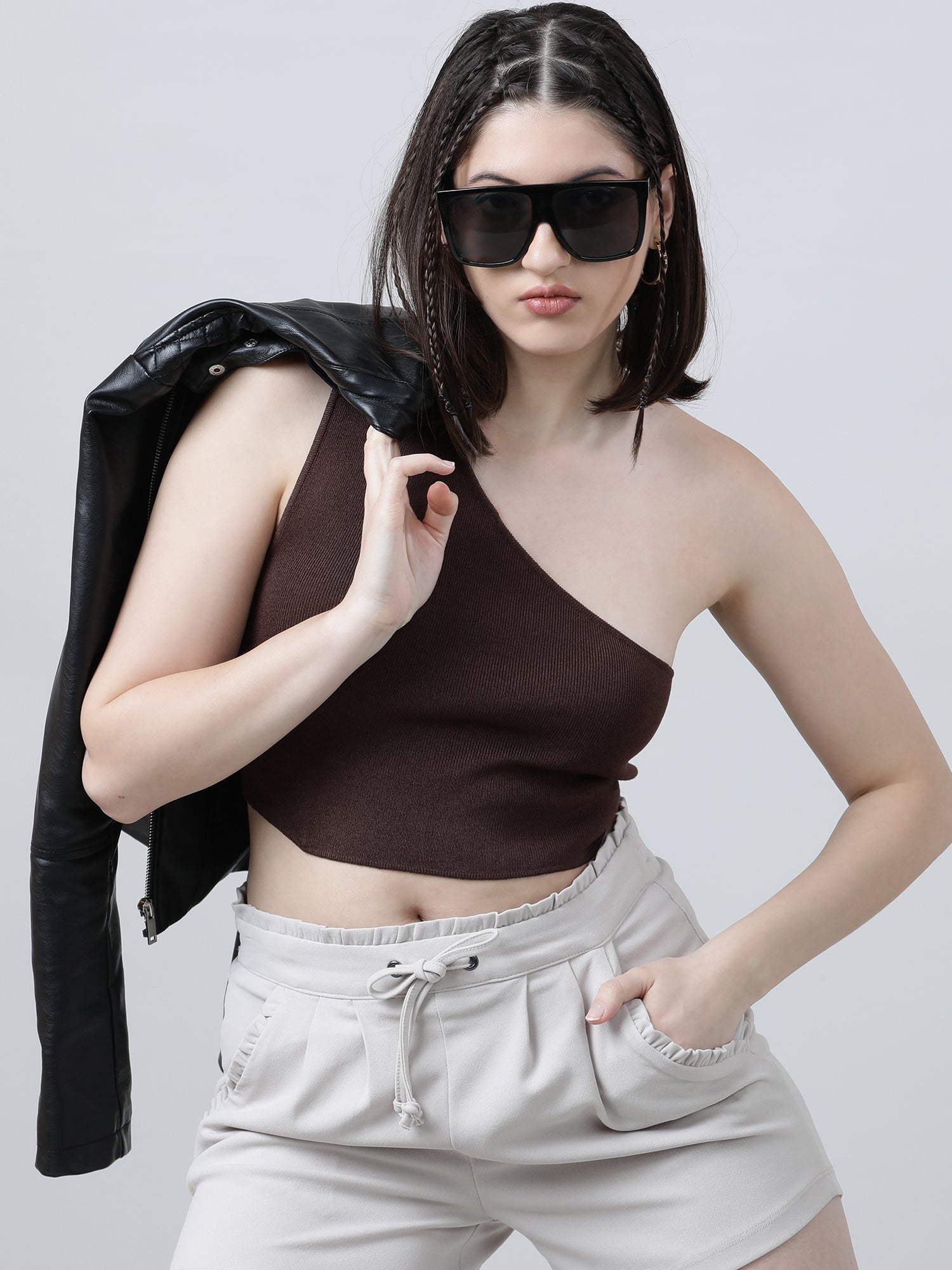 Women Slim Fit Brown One Shoulder Crop Top