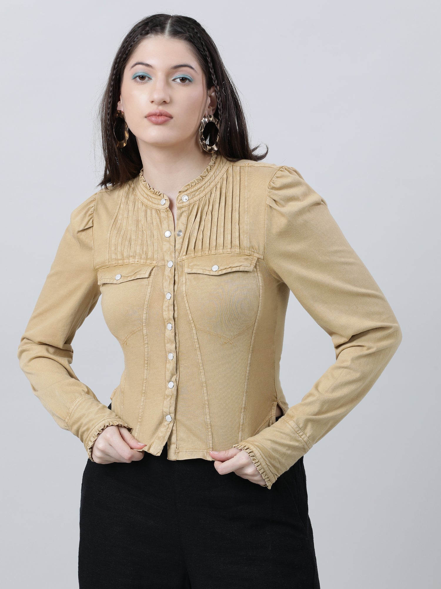 Women Slim Fit Button Down Denim Khaki Top