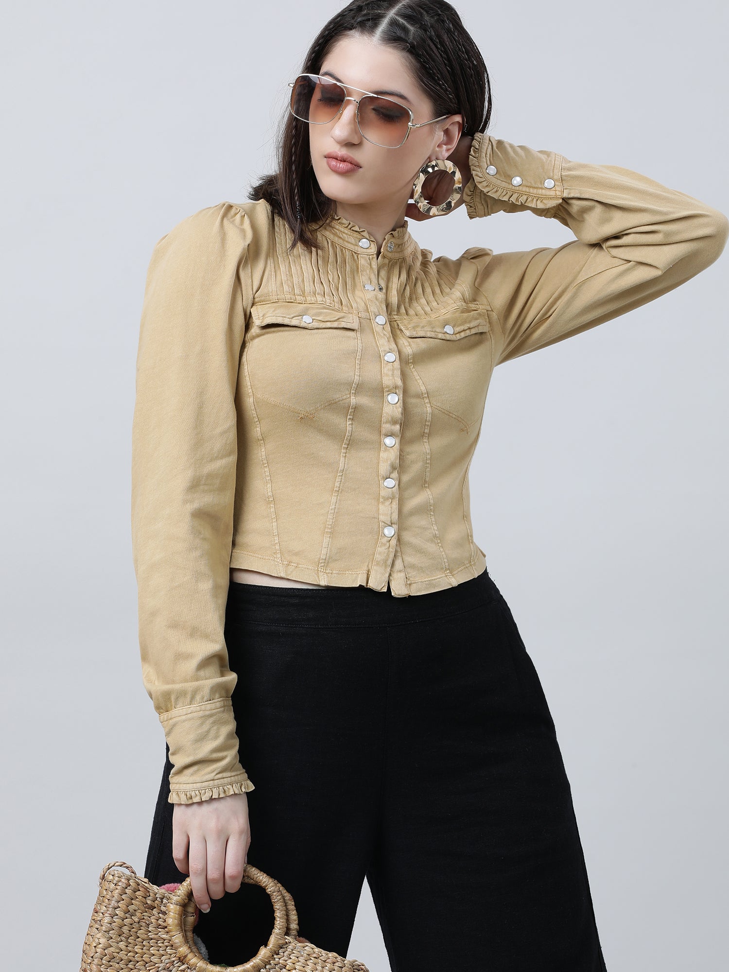 Women Slim Fit Button Down Denim Khaki Top