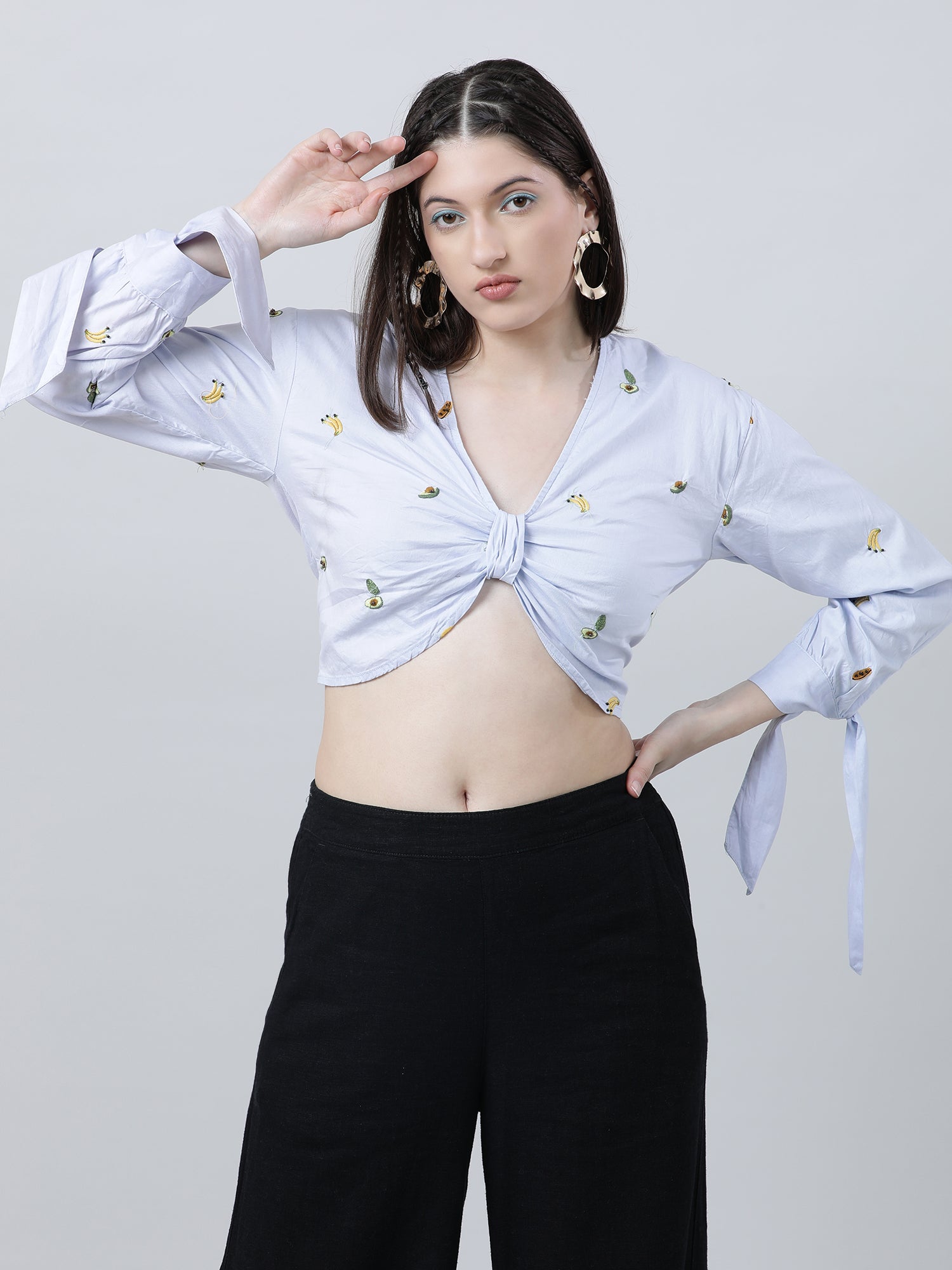 Women Slim Fit Embroidered Light Blue Top