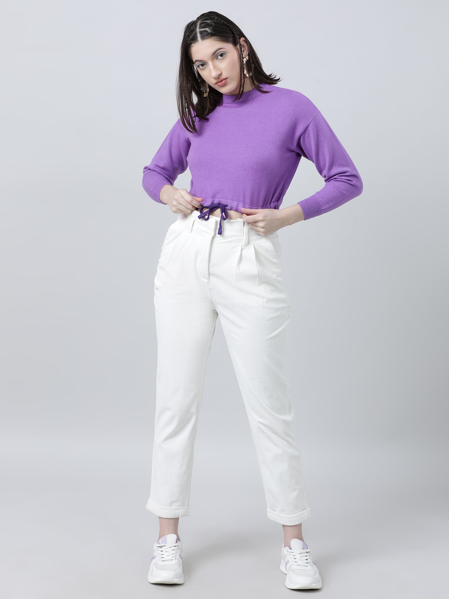 Women Slim Fit Violet Cropped Top With Tie Up