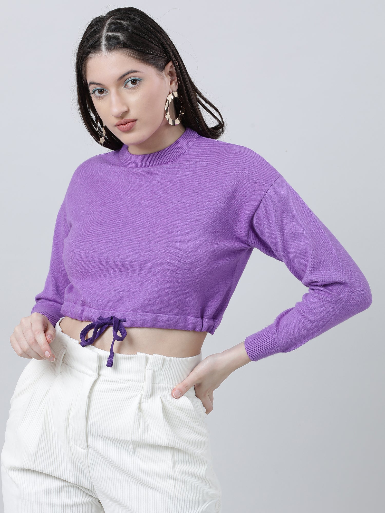 Women Slim Fit Violet Cropped Top With Tie Up