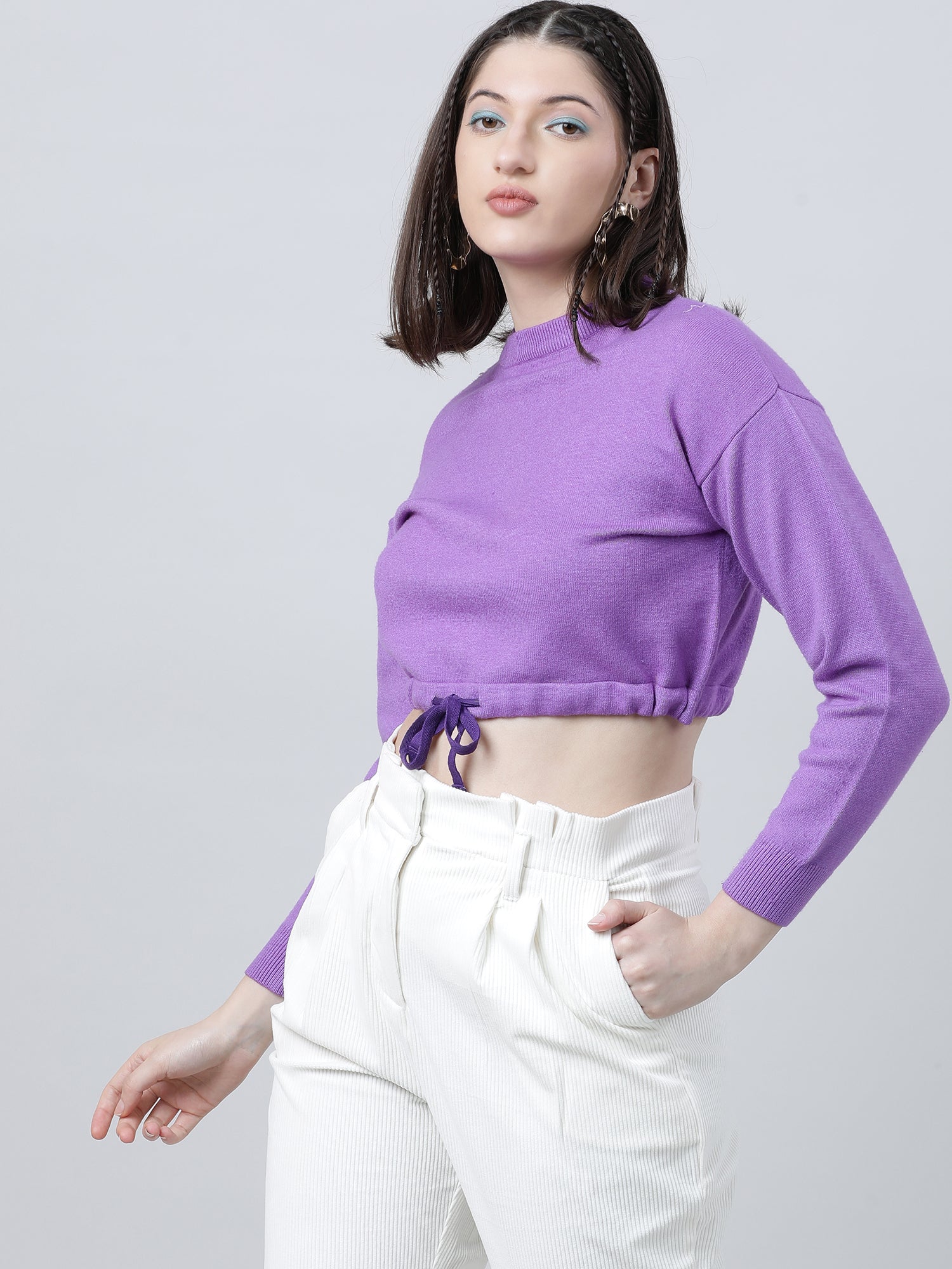 Women Slim Fit Violet Cropped Top With Tie Up