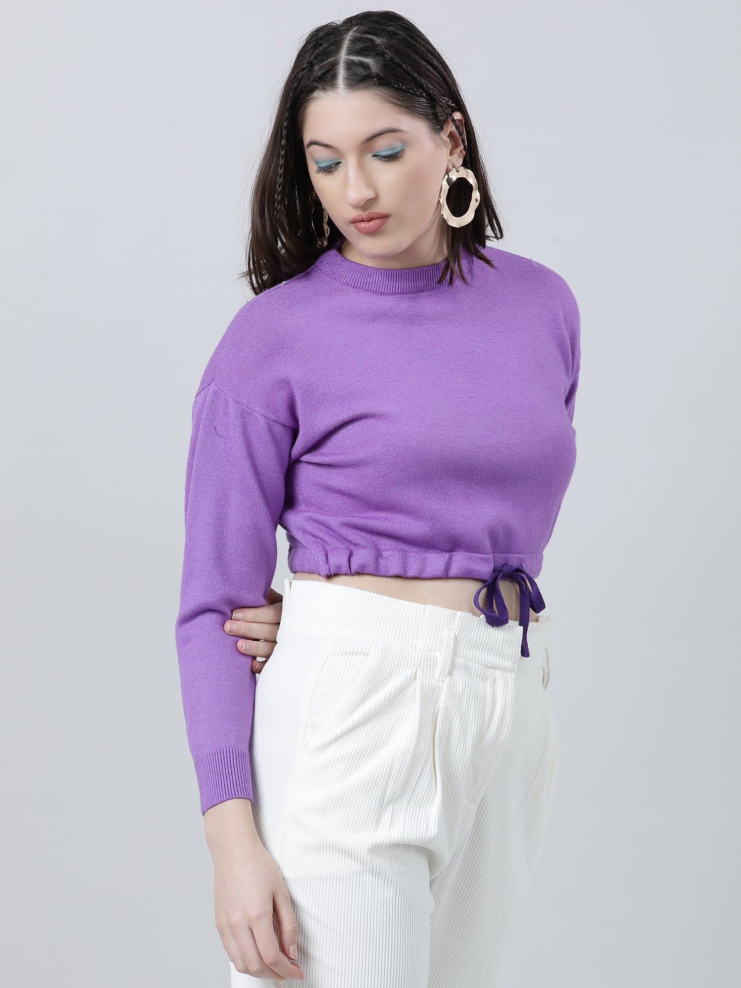 Women Slim Fit Violet Cropped Top With Tie Up