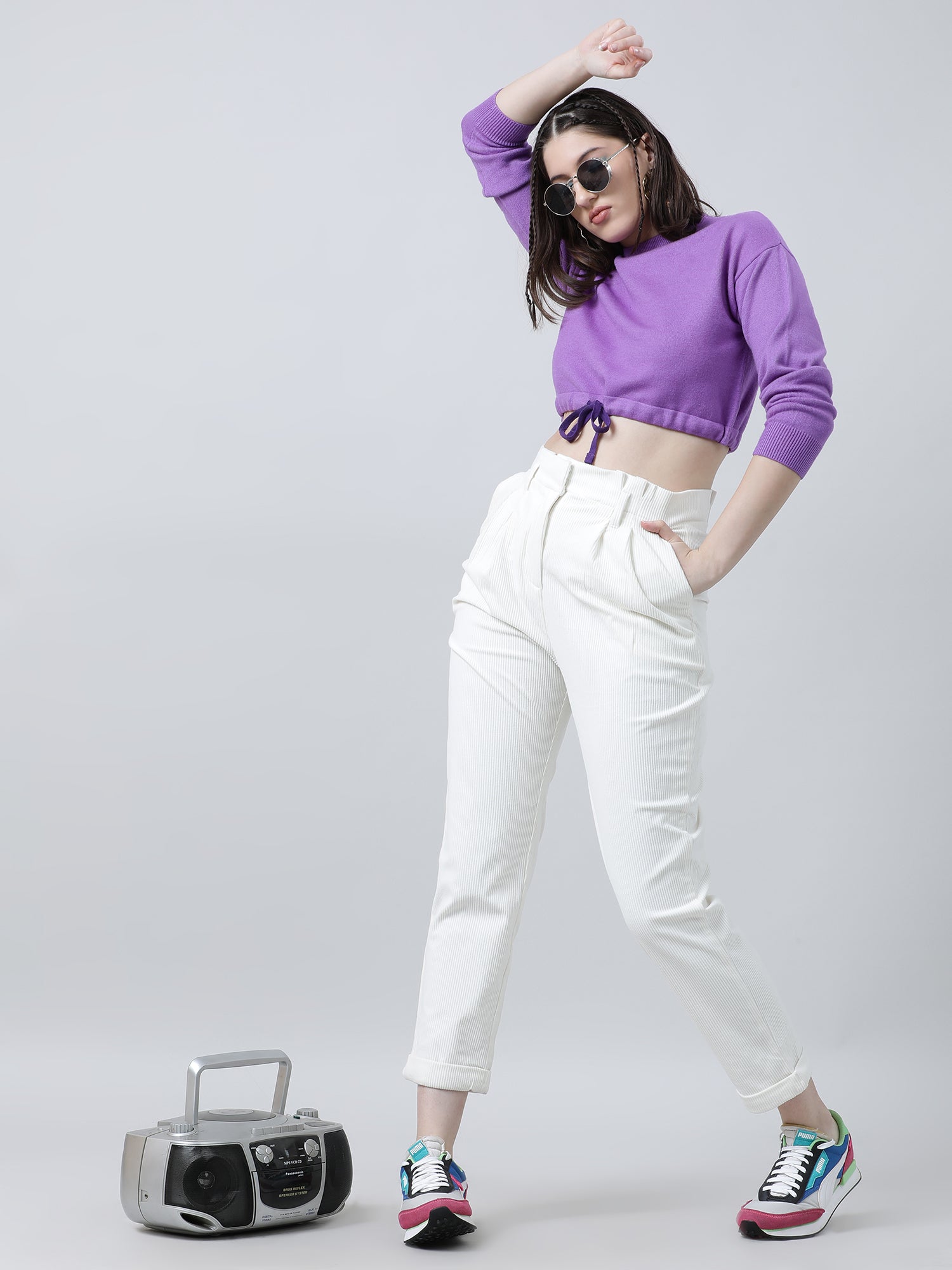 Women Slim Fit Violet Cropped Top With Tie Up