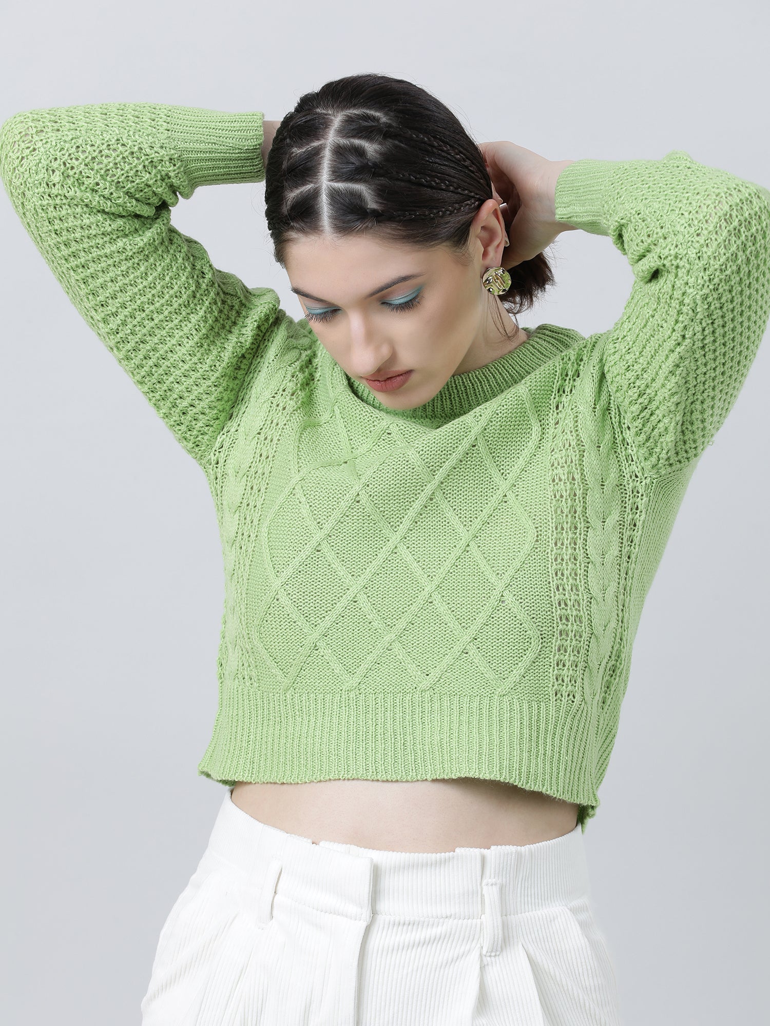 Women Regular Fit Knitted Green Cropped Sweater