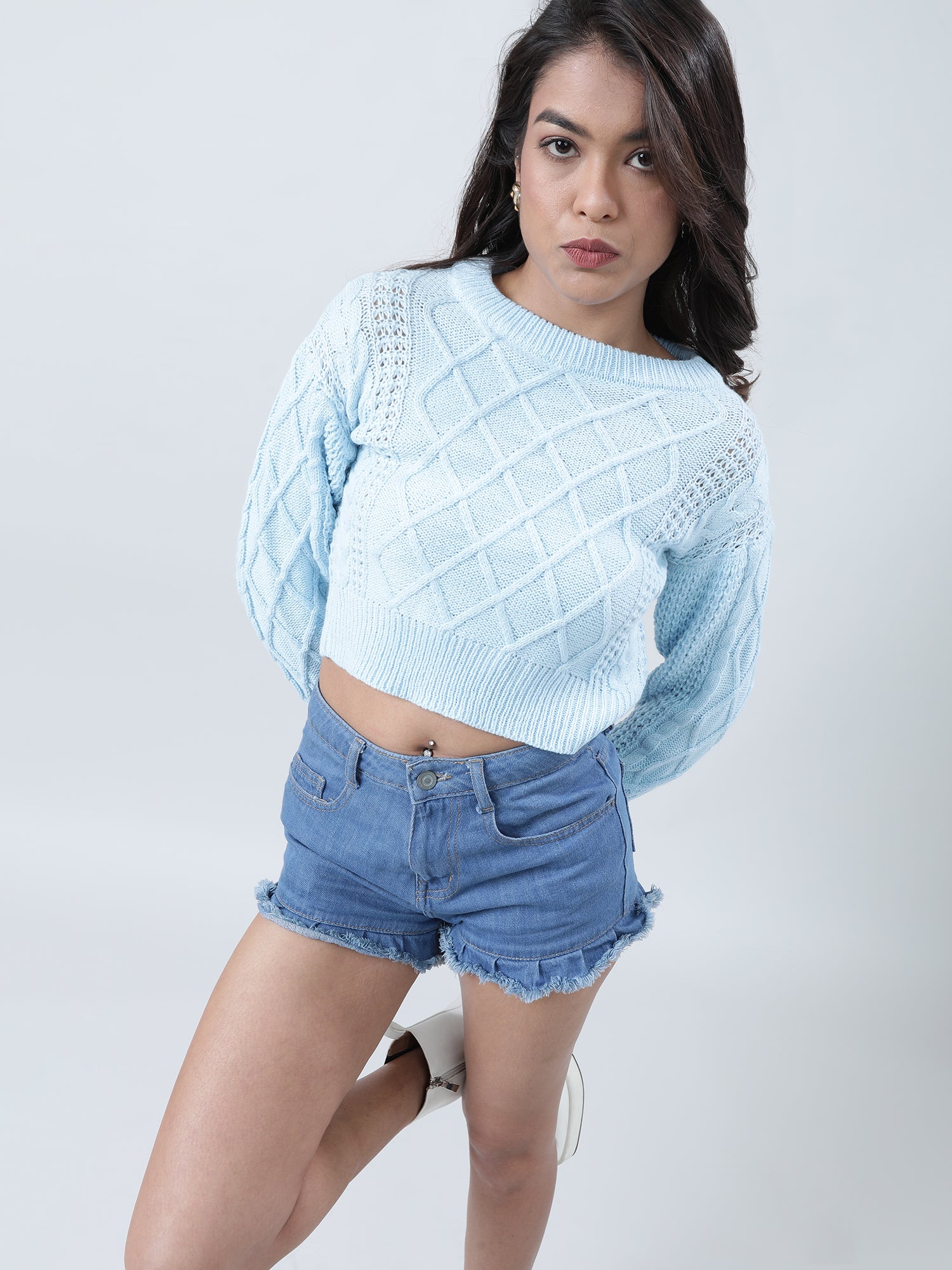 Women Regular Fit Knitted Light Blue Cropped Sweater