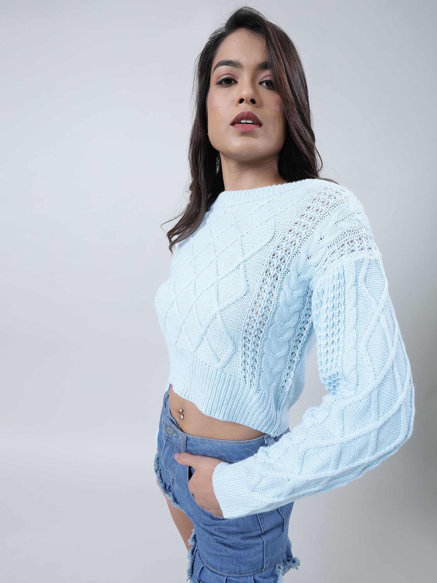 Women Regular Fit Knitted Light Blue Cropped Sweater