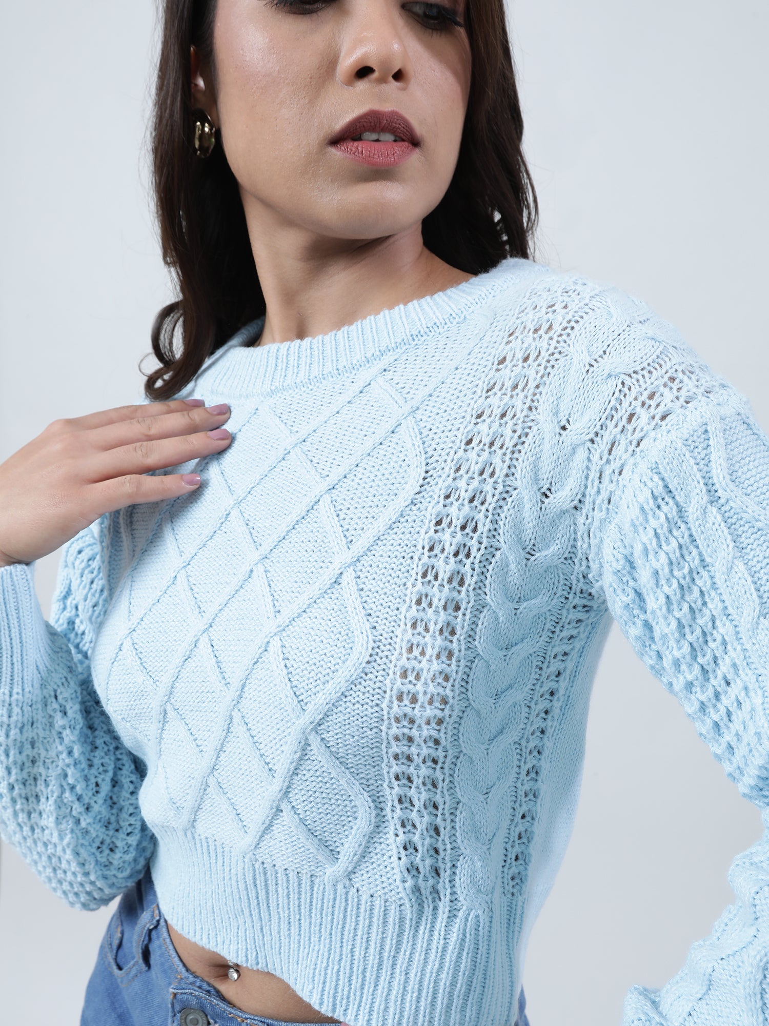 Women Regular Fit Knitted Light Blue Cropped Sweater