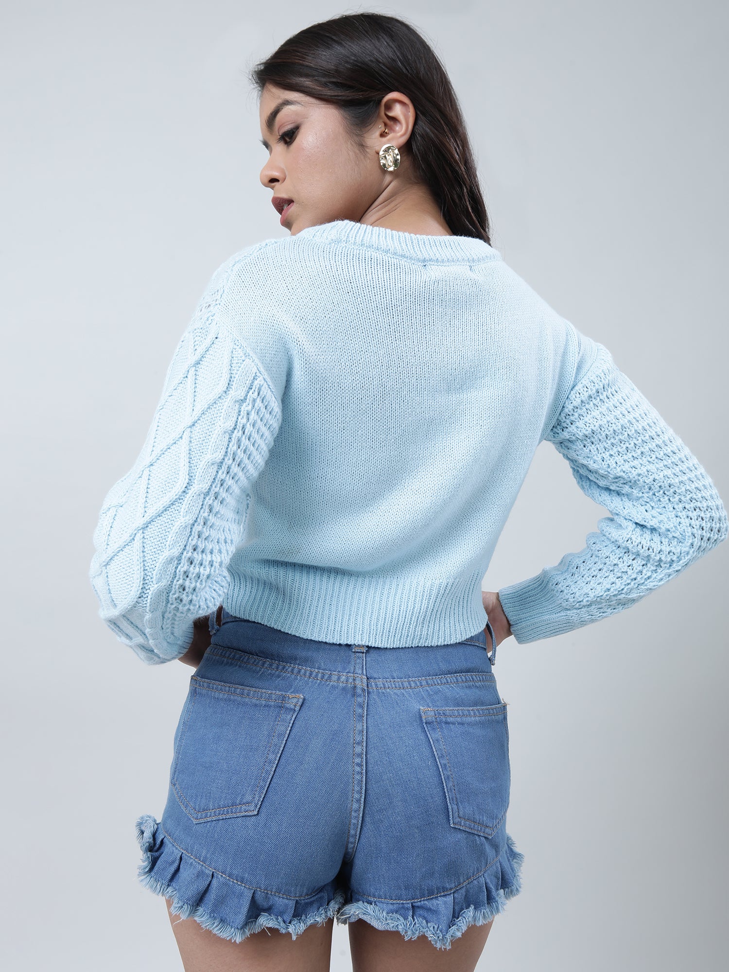 Women Regular Fit Knitted Light Blue Cropped Sweater