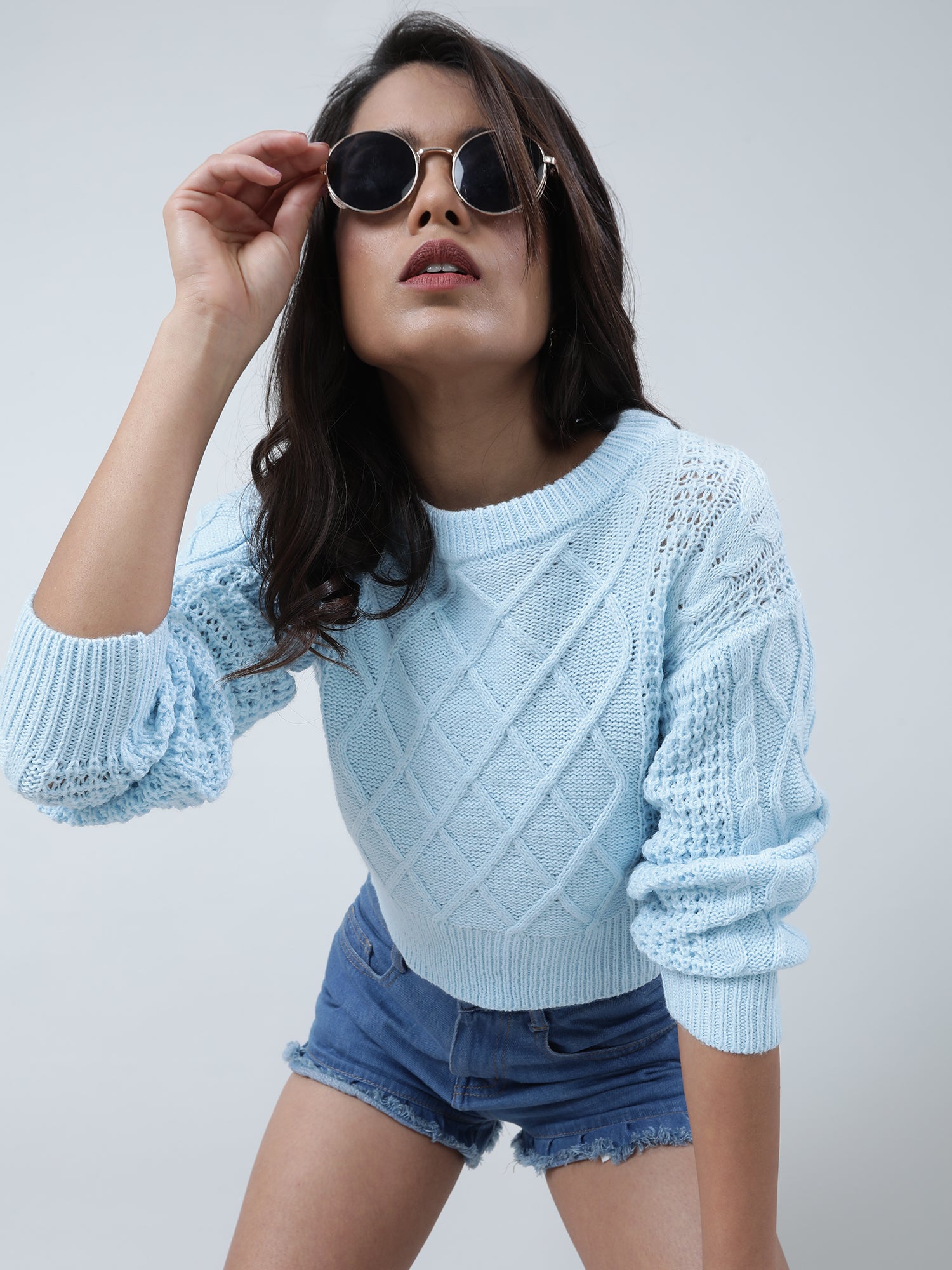 Women Regular Fit Knitted Light Blue Cropped Sweater