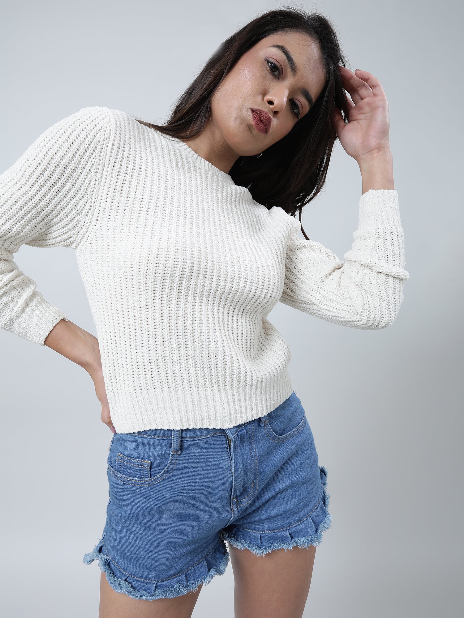 Women Slim Fit Knitted Round Neck Cream Sweater