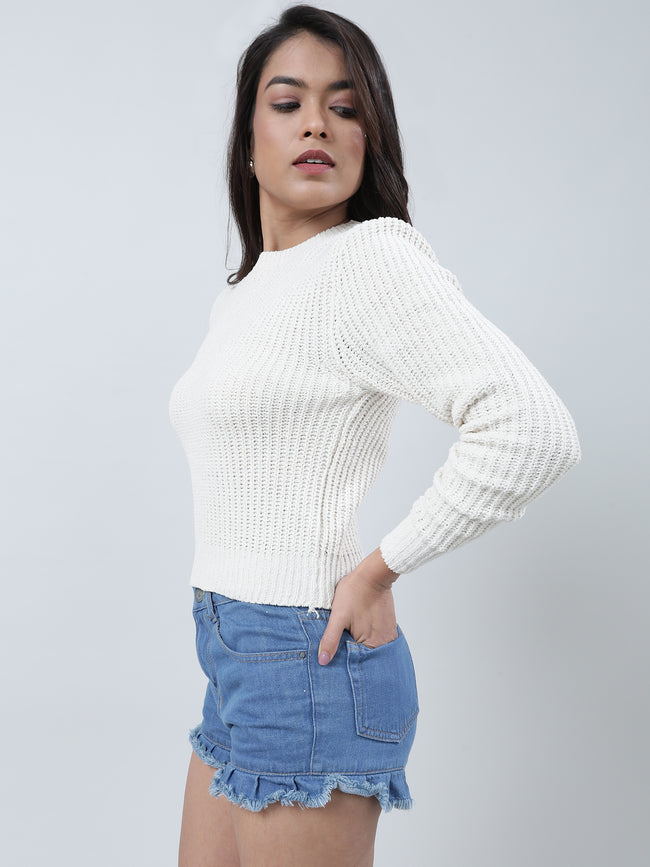 Women Slim Fit Knitted Round Neck Cream Sweater