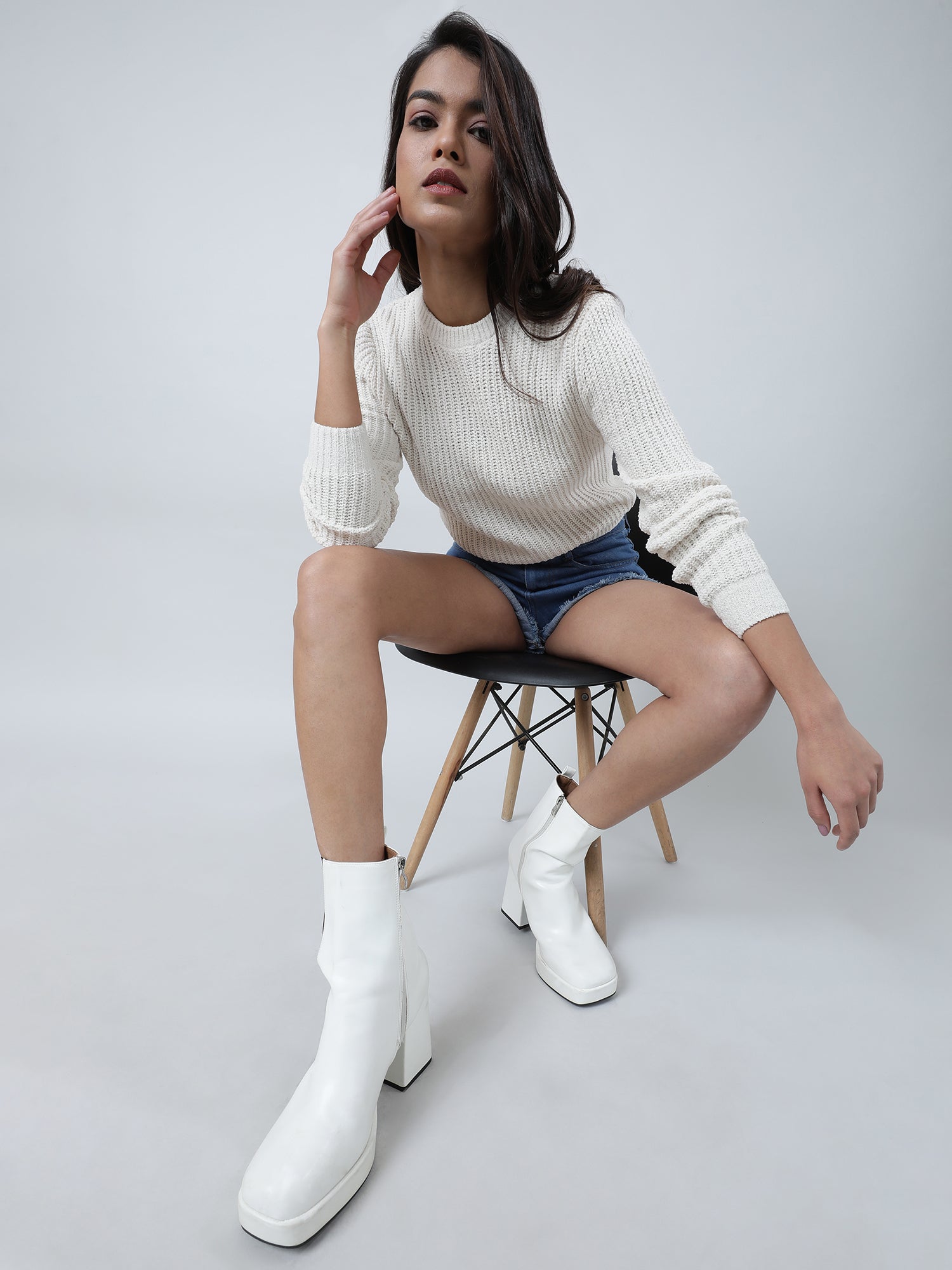 Women Slim Fit Knitted Round Neck Cream Sweater
