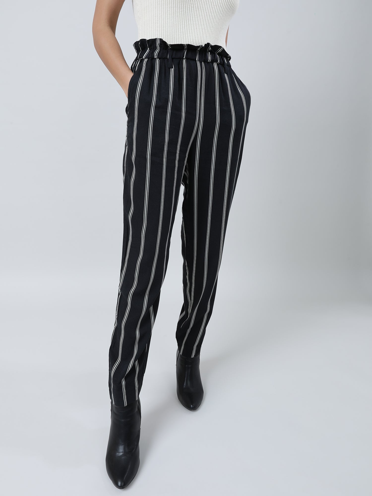 Women Regular Fit Black Striped Paper Bag Waist Pants