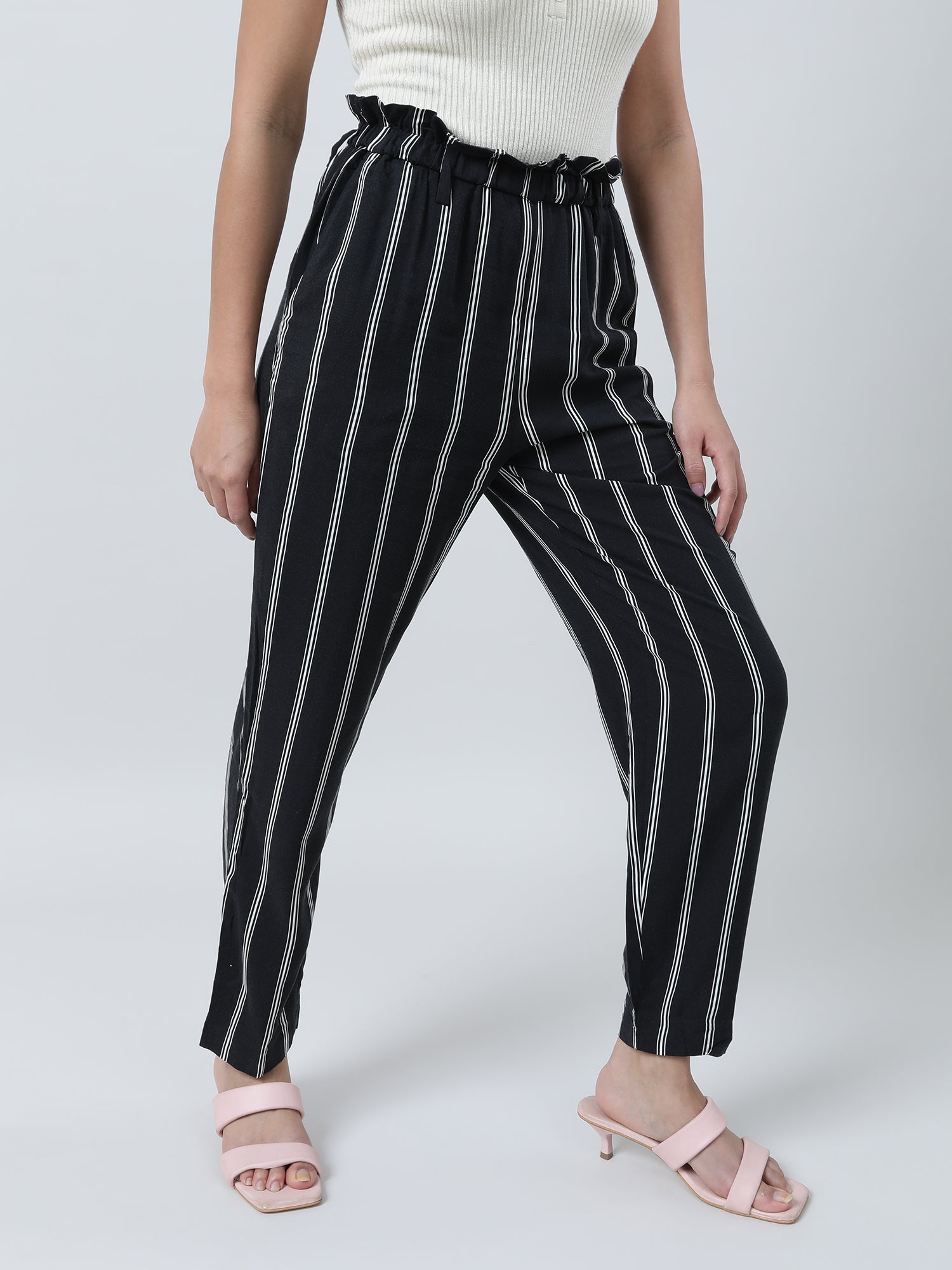 Women Regular Fit Black Striped Paper Bag Waist Pants