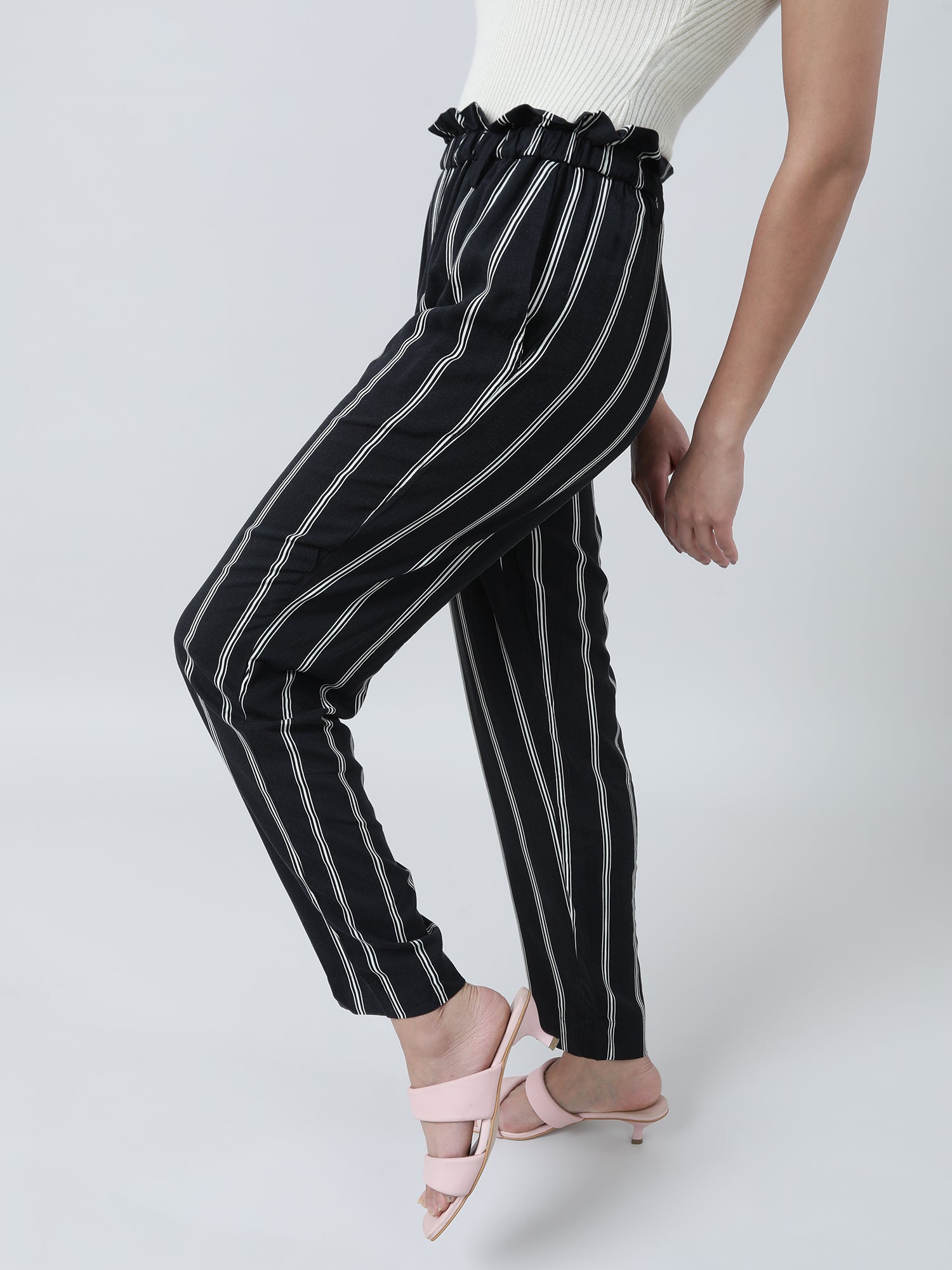 Women Regular Fit Black Striped Paper Bag Waist Pants