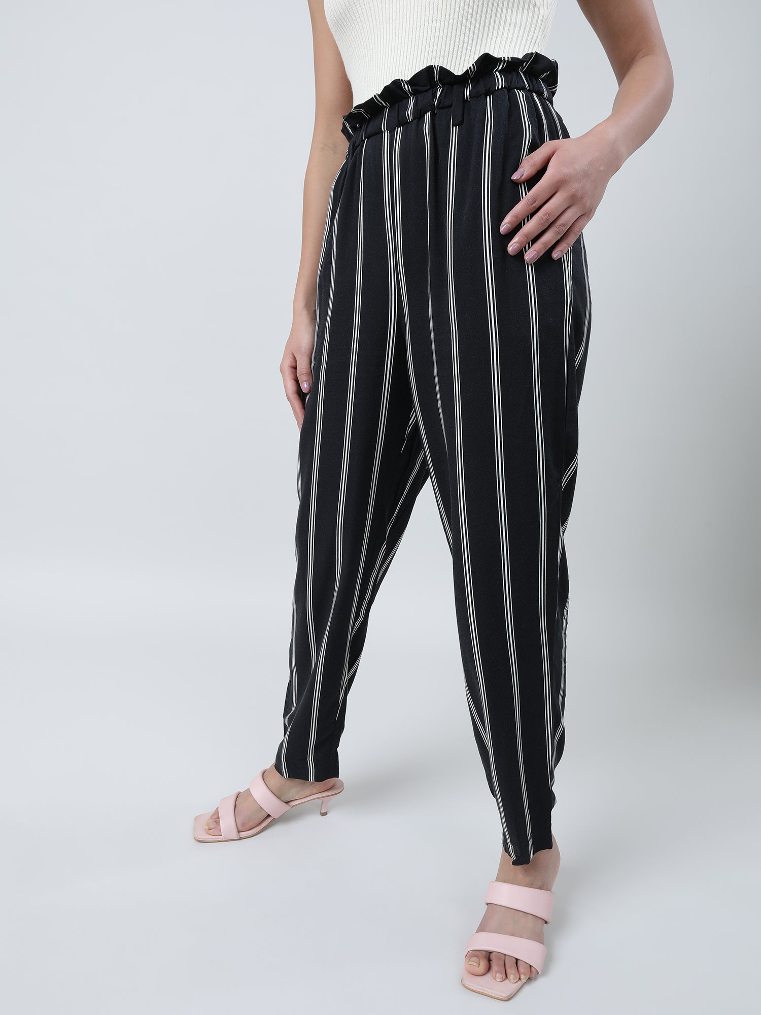 Women Regular Fit Black Striped Paper Bag Waist Pants