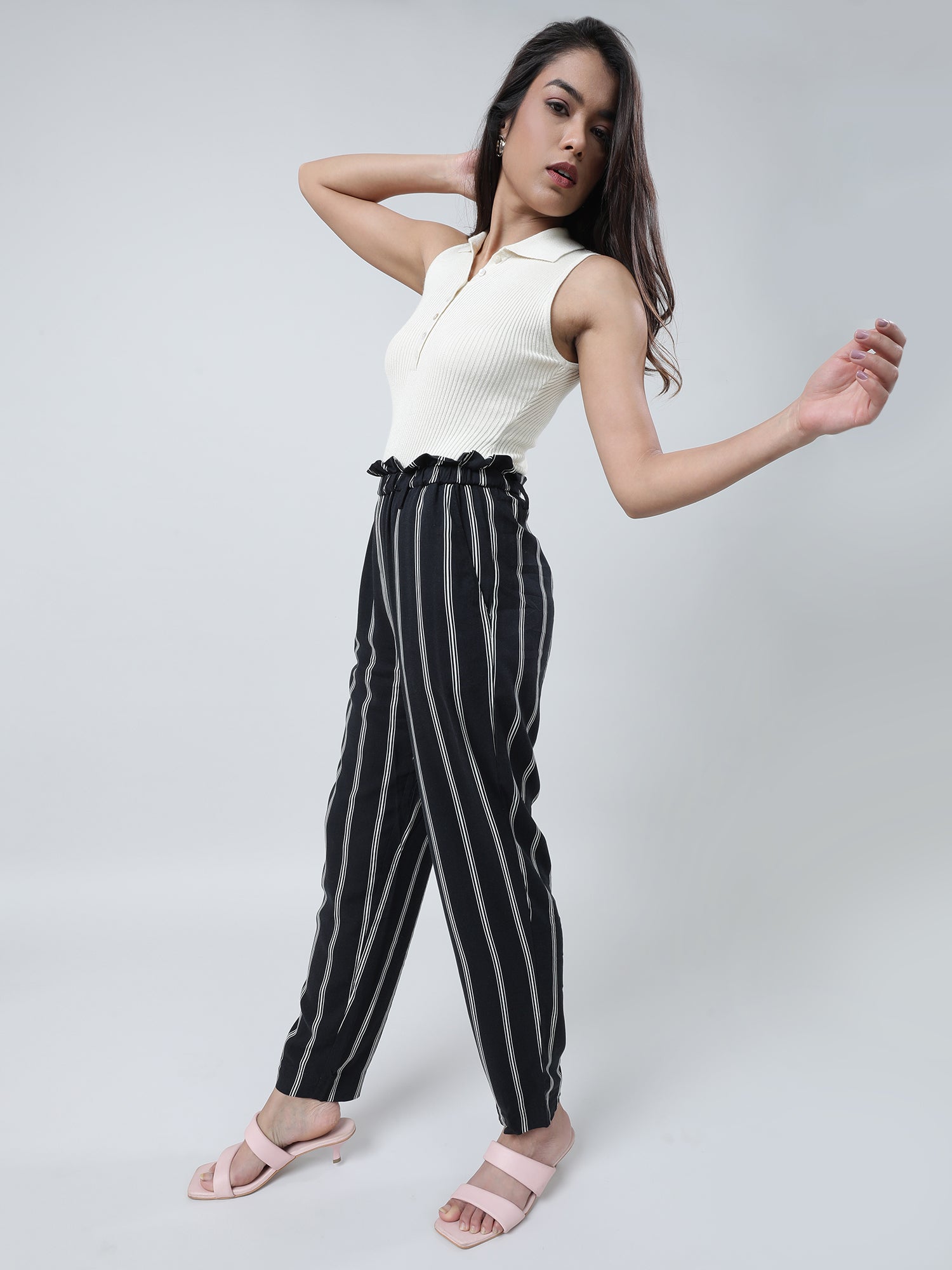 Women Regular Fit Black Striped Paper Bag Waist Pants