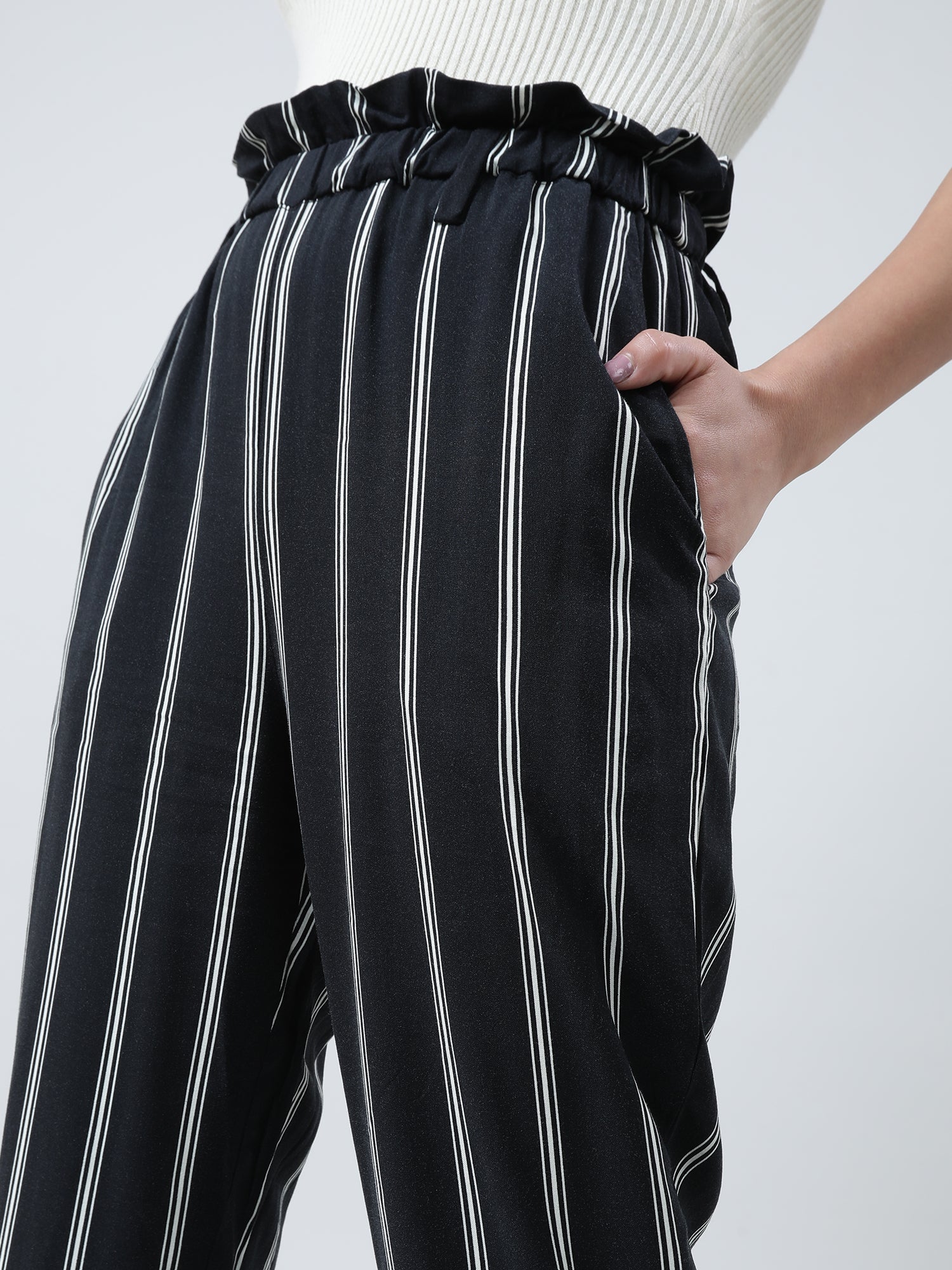 Women Regular Fit Black Striped Paper Bag Waist Pants