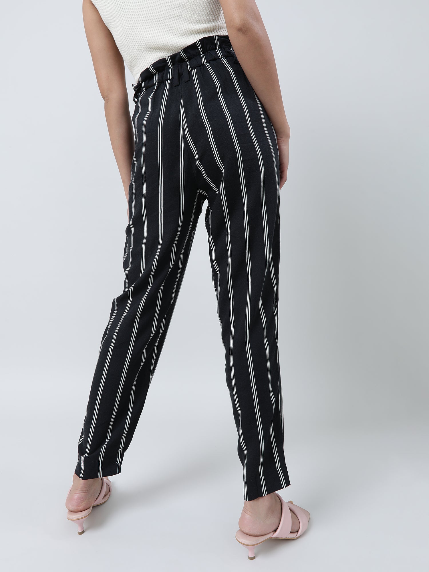 Women Regular Fit Black Striped Paper Bag Waist Pants