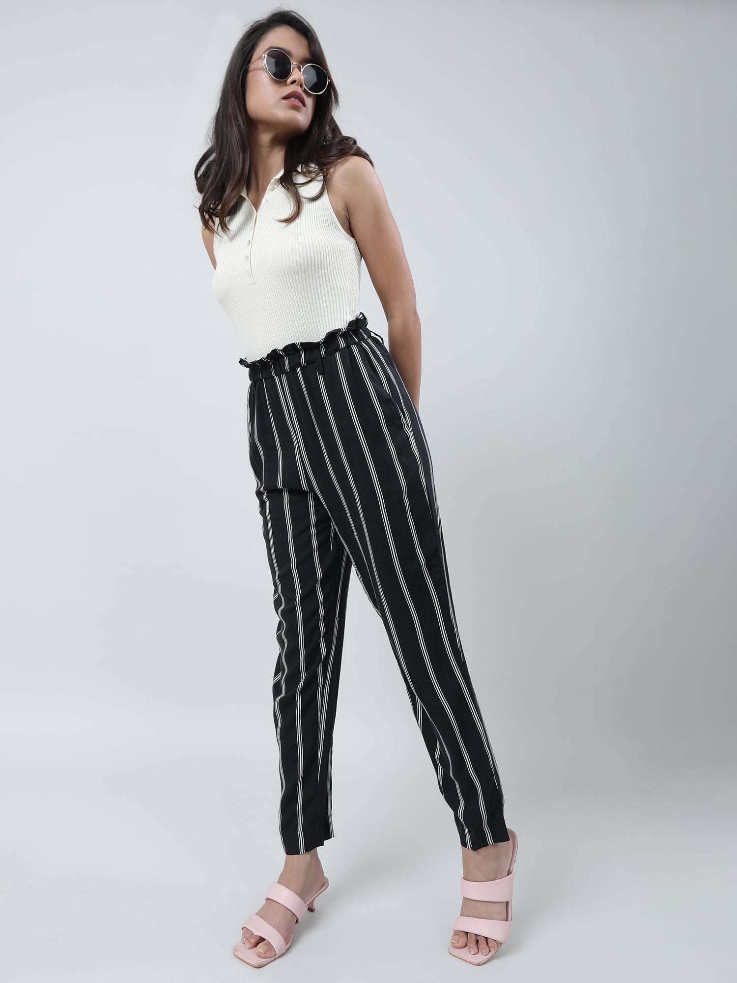 Women Regular Fit Black Striped Paper Bag Waist Pants