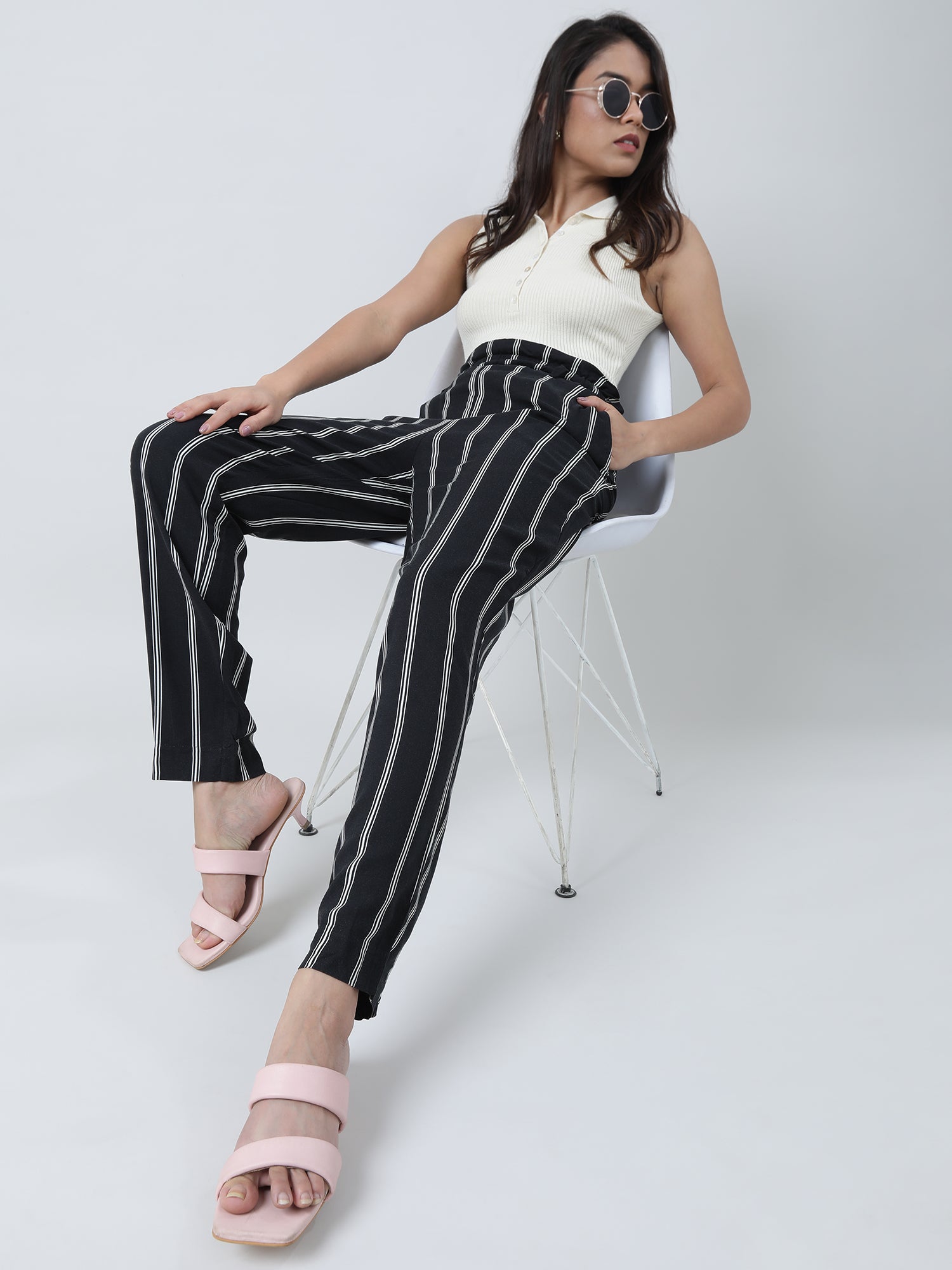 Women Regular Fit Black Striped Paper Bag Waist Pants