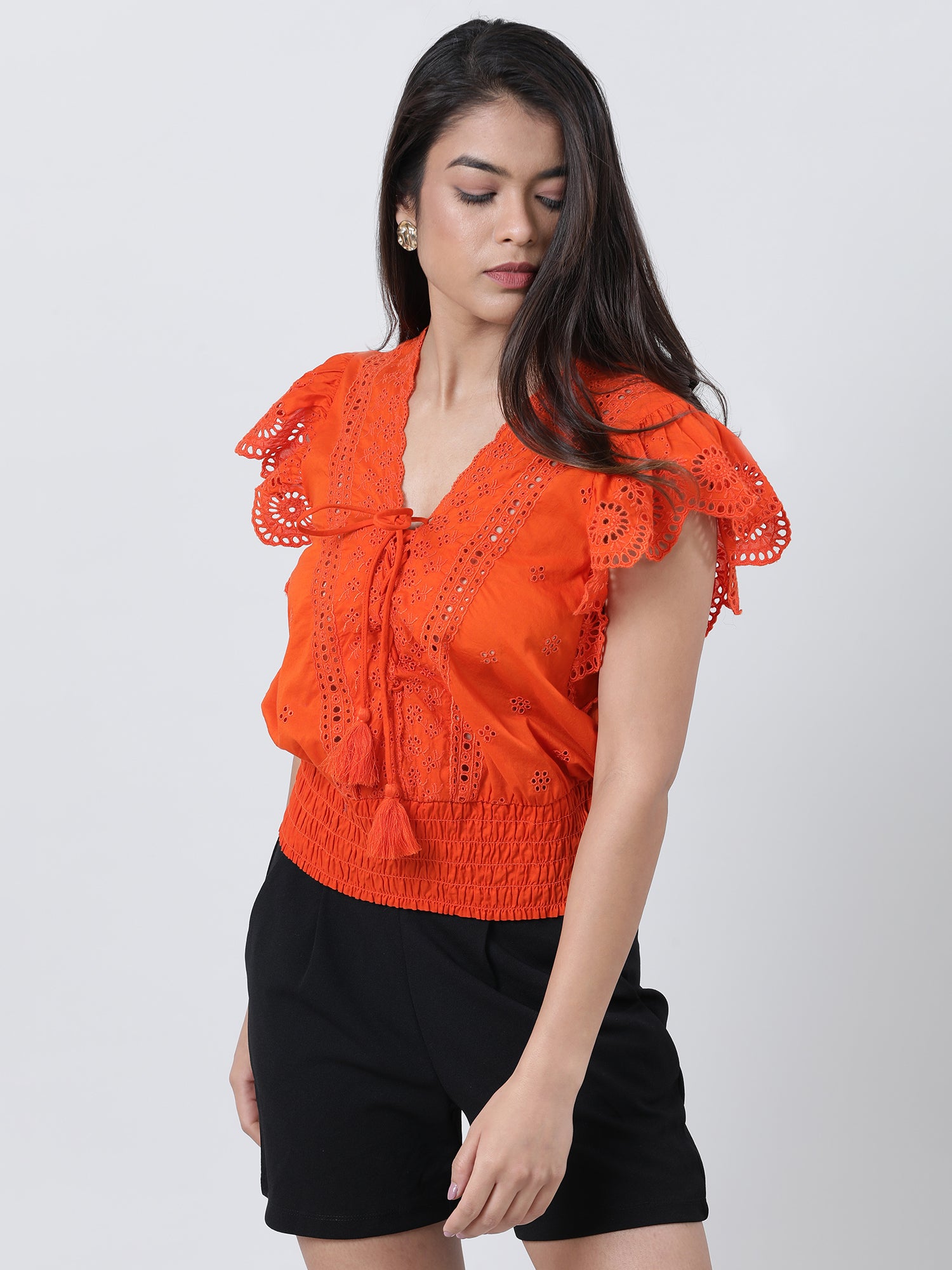 Women Regular Fit Orange Schiffli Top