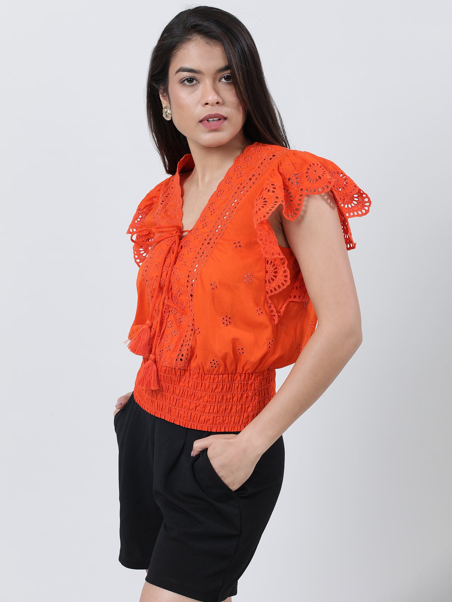 Women Regular Fit Orange Schiffli Top