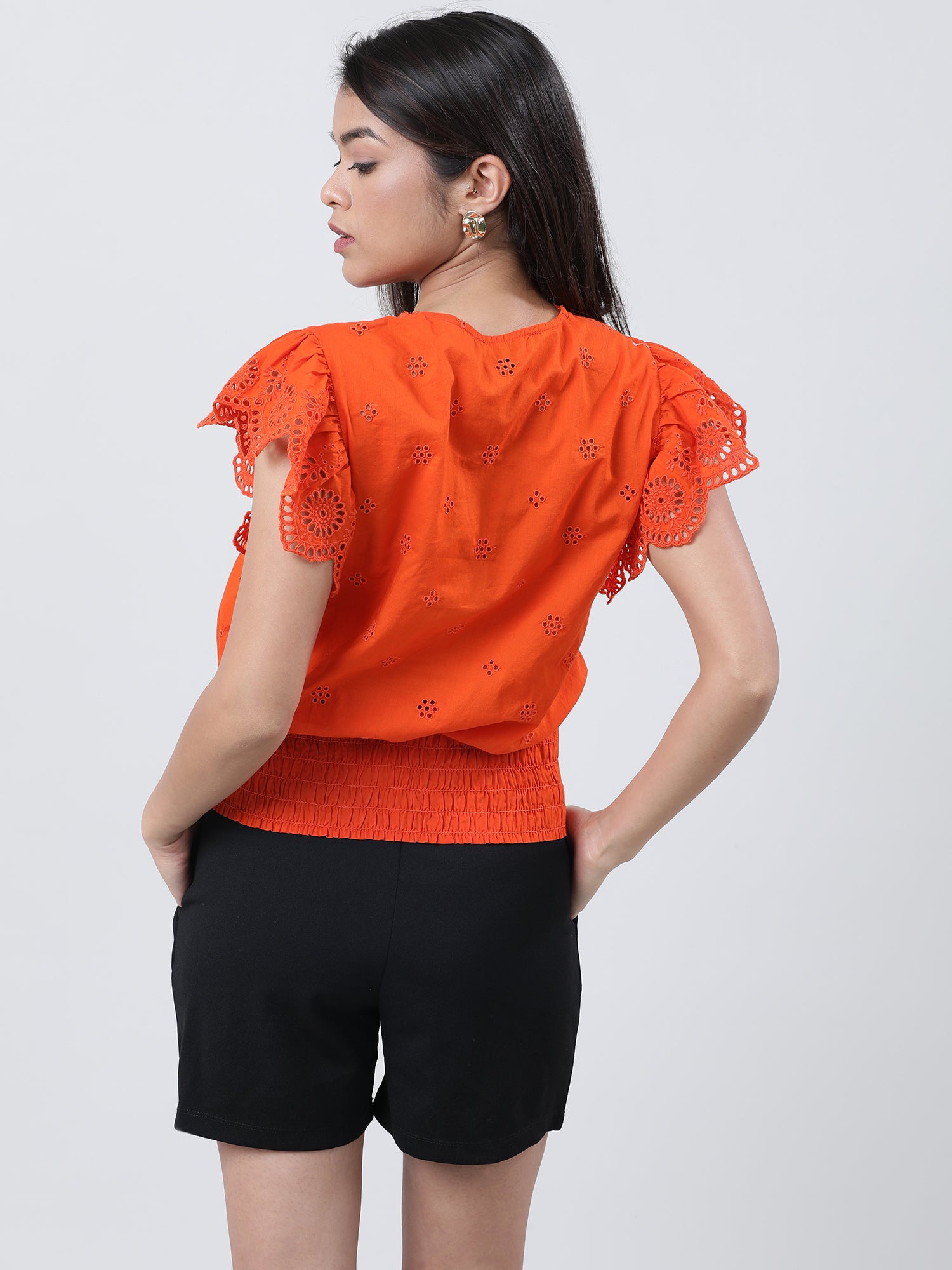 Women Regular Fit Orange Schiffli Top