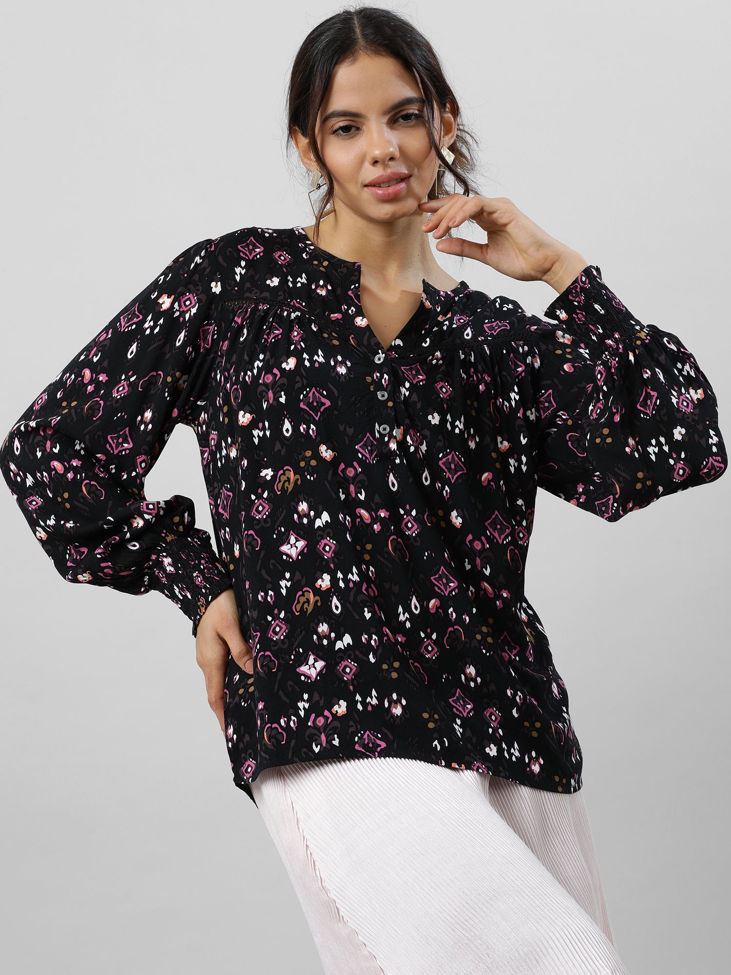 Casual Printed Floral Black Top