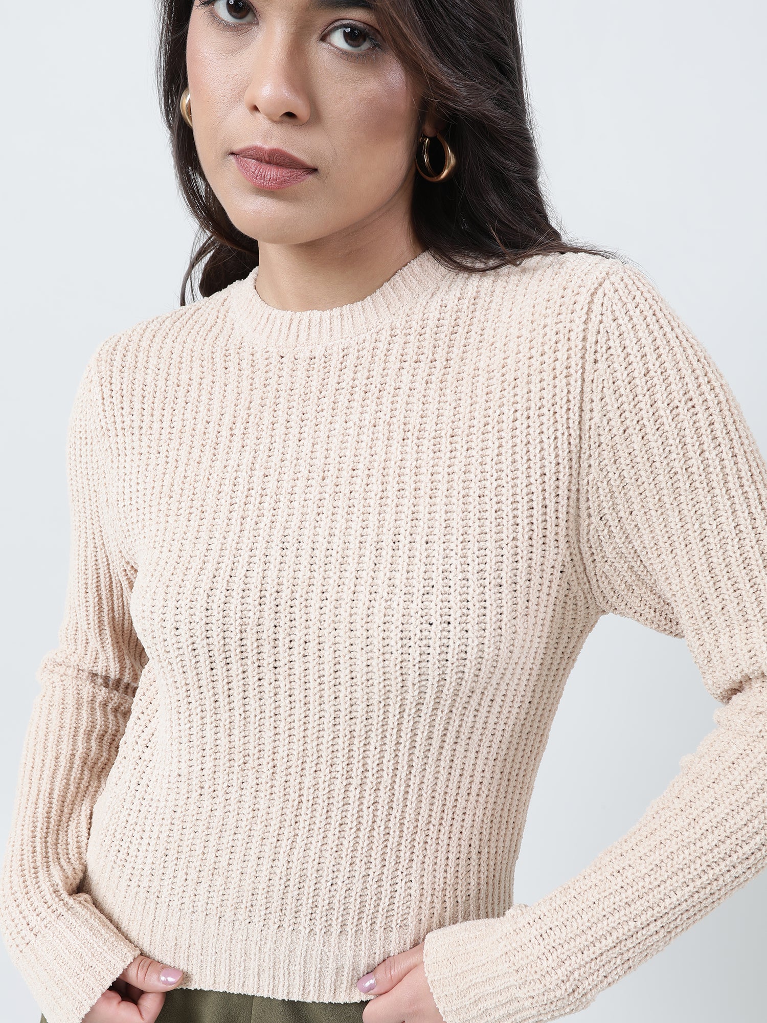 Women Slim Fit Knitted Round Neck Brown Sweater