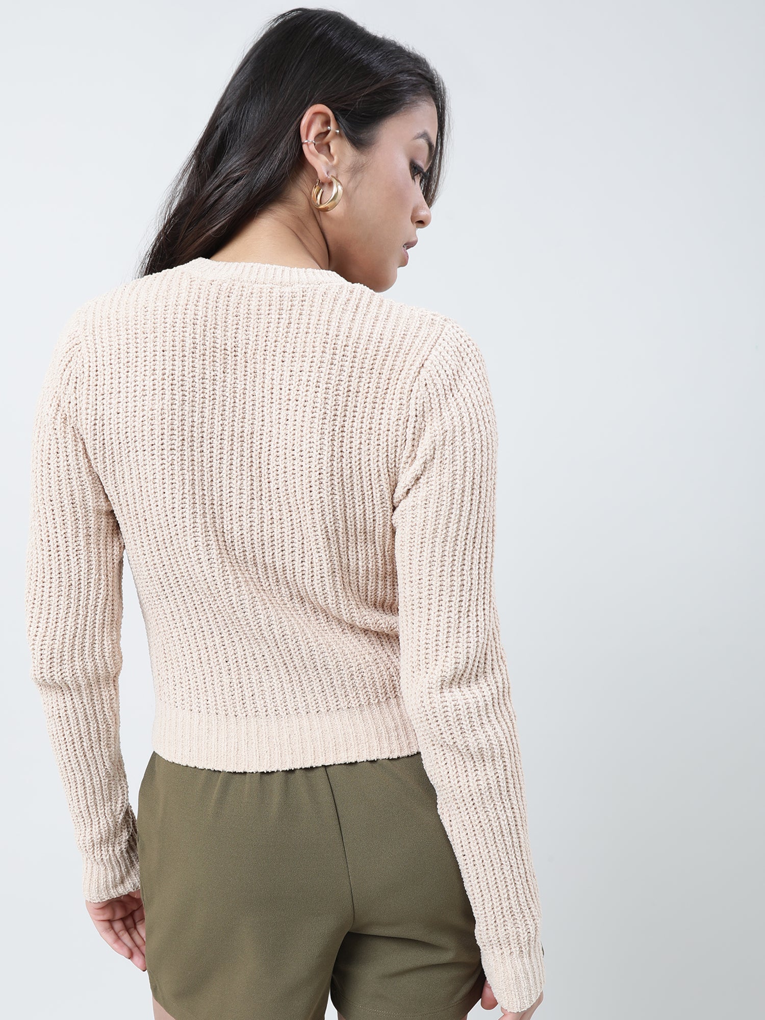 Women Slim Fit Knitted Round Neck Brown Sweater