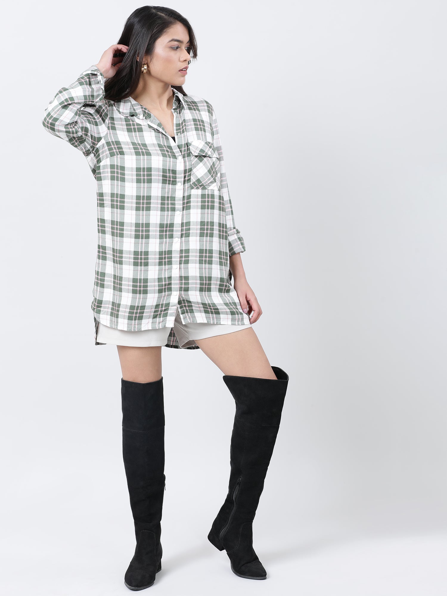 Women Relaxed Fit Green Checked Shirt