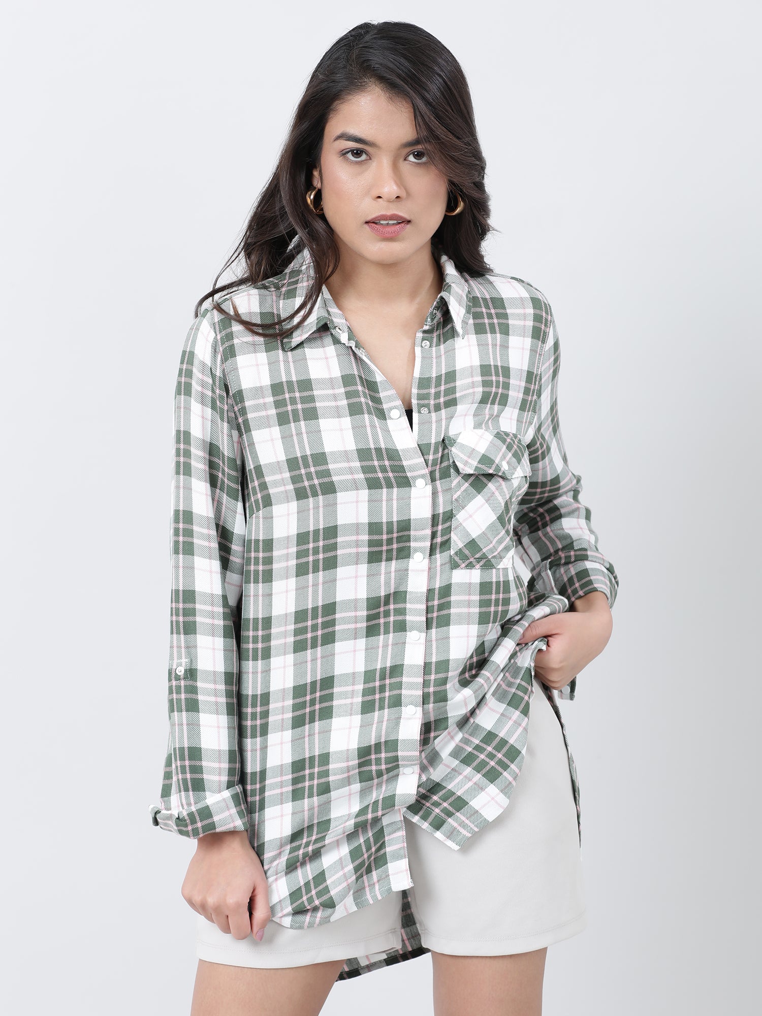 Women Relaxed Fit Green Checked Shirt