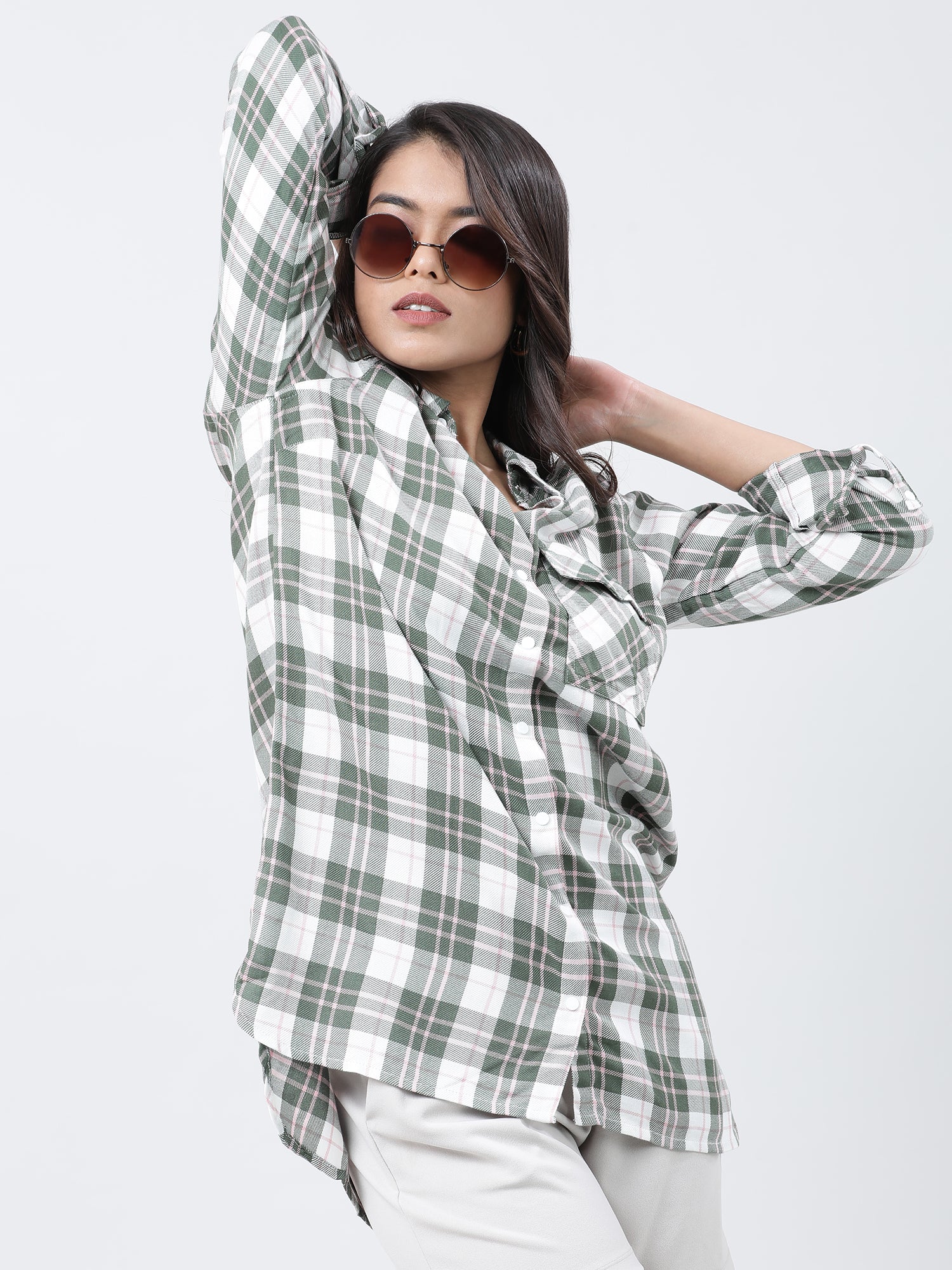 Women Relaxed Fit Green Checked Shirt