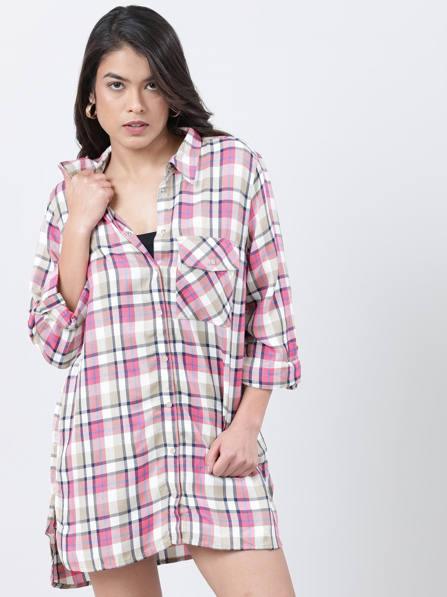 Women Relaxed Fit Pink Checked Shirt