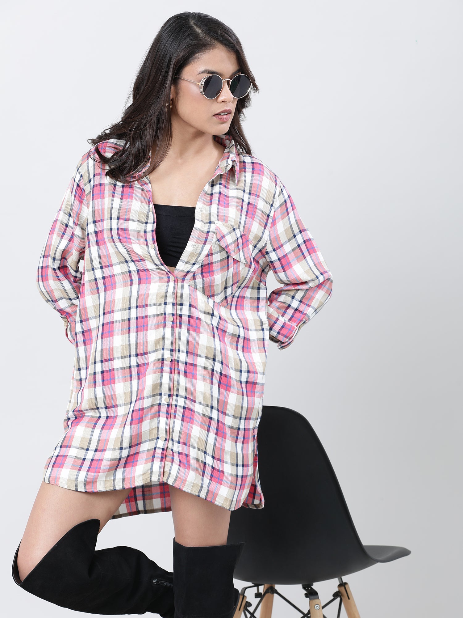 Women Relaxed Fit Pink Checked Shirt