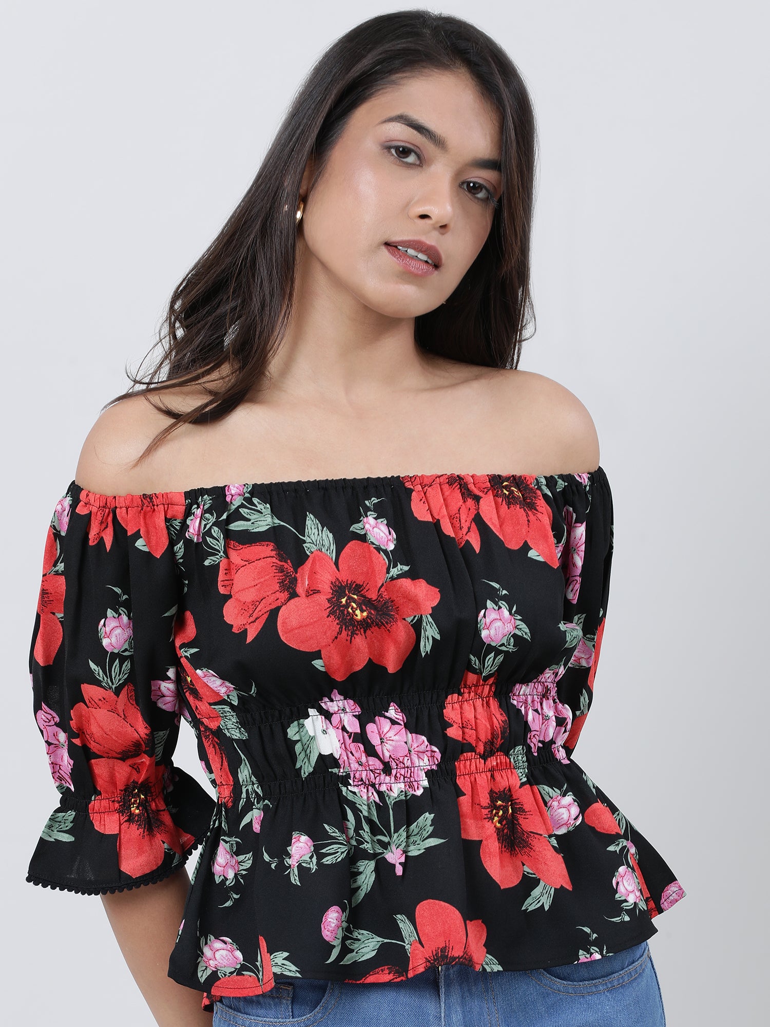 Women Floral Off Shoulder Black Top