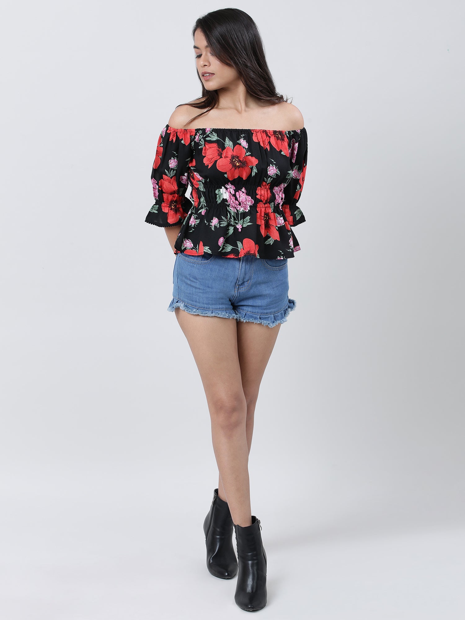 Women Floral Off Shoulder Black Top