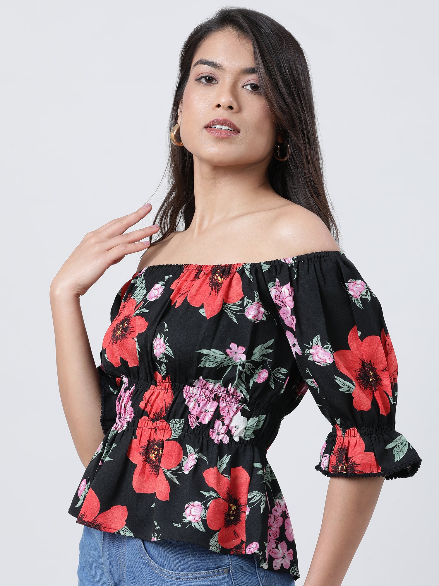 Women Floral Off Shoulder Black Top