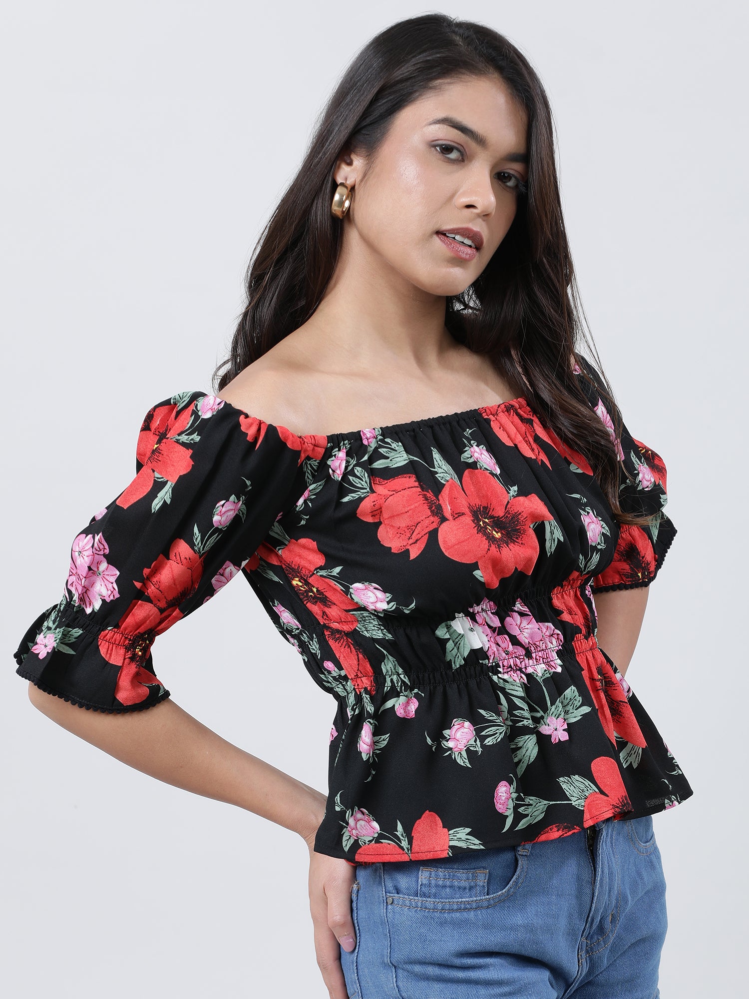 Women Floral Off Shoulder Black Top