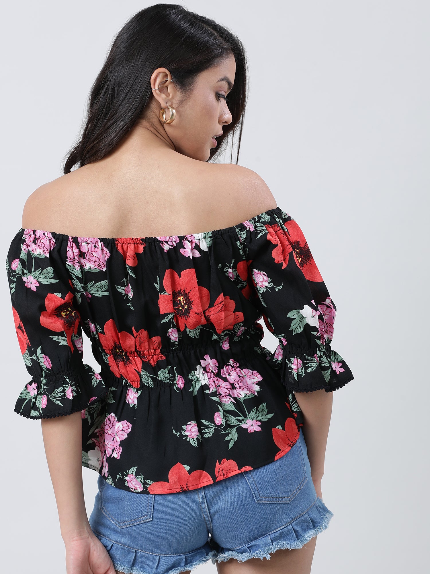 Women Floral Off Shoulder Black Top