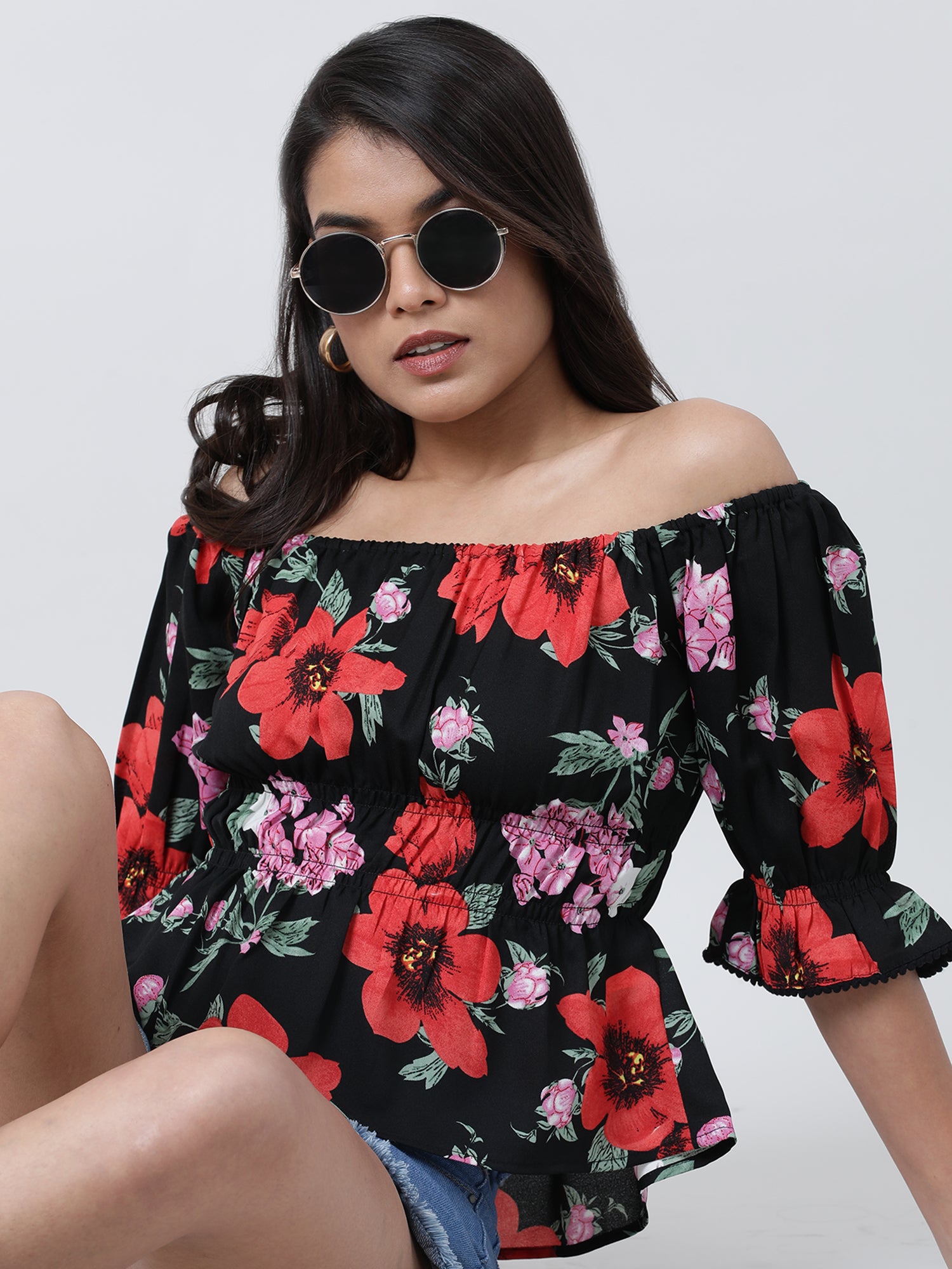 Women Floral Off Shoulder Black Top