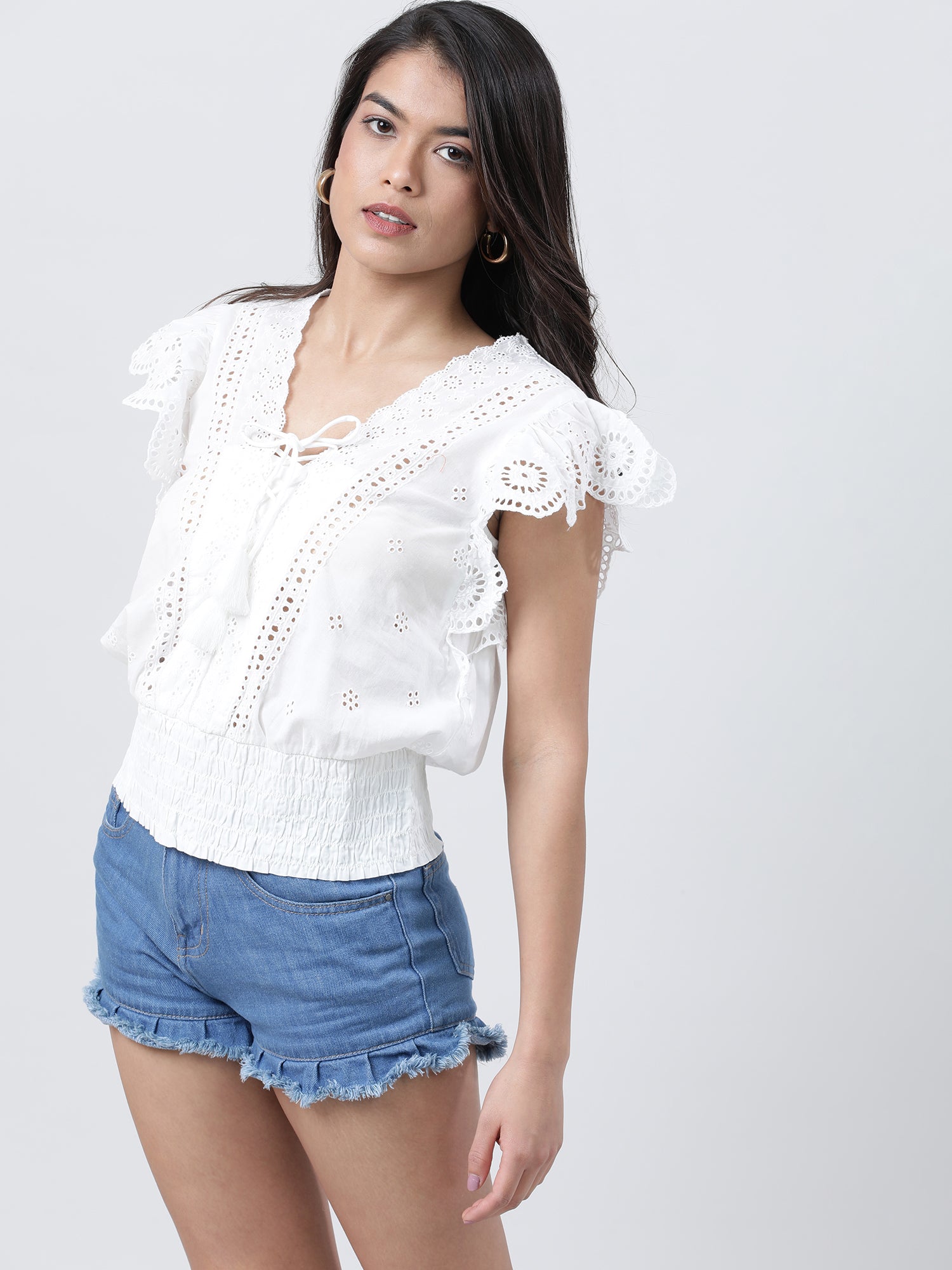 Women Regular Fit White Schiffli Top