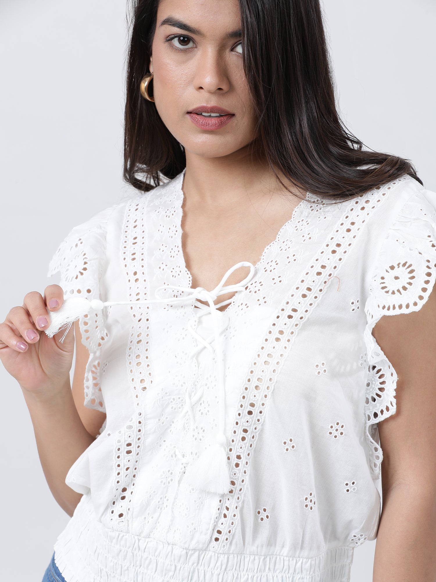 Women Regular Fit White Schiffli Top